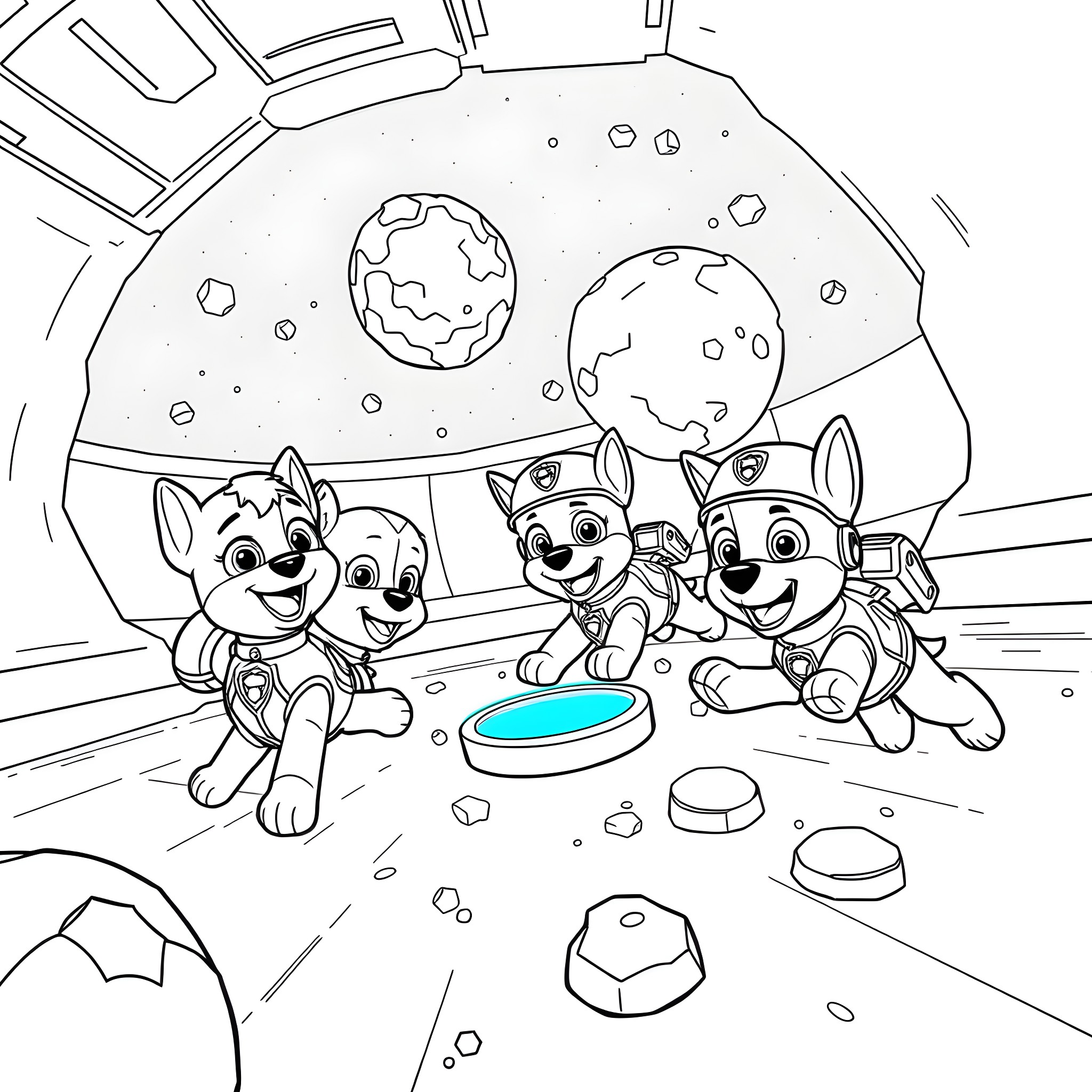 Paw Patrol Pups on a Space Adventure Coloring Page (free black-and-white line drawing printable PDF for all, from beginners to advanced learners, including children, teens, adults, and seniors)