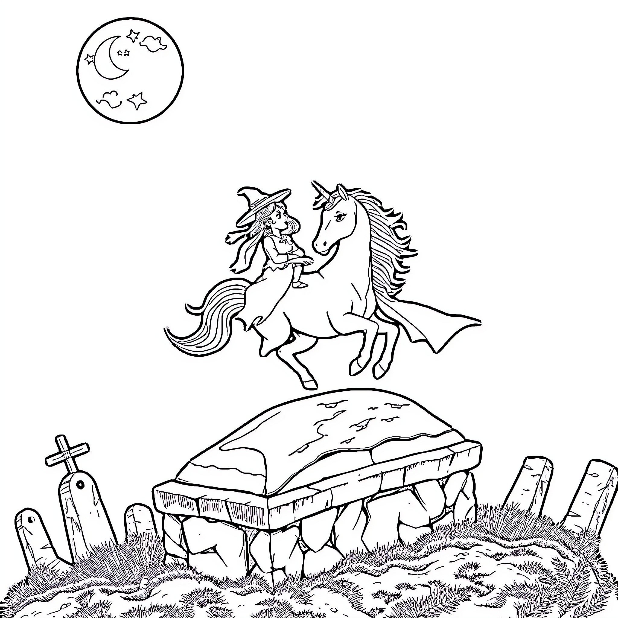 Unicorn riding through enchanted landscape Coloring Page (free black-and-white line drawing printable PDF for all, from beginners to advanced learners, including children, teens, adults, and seniors)