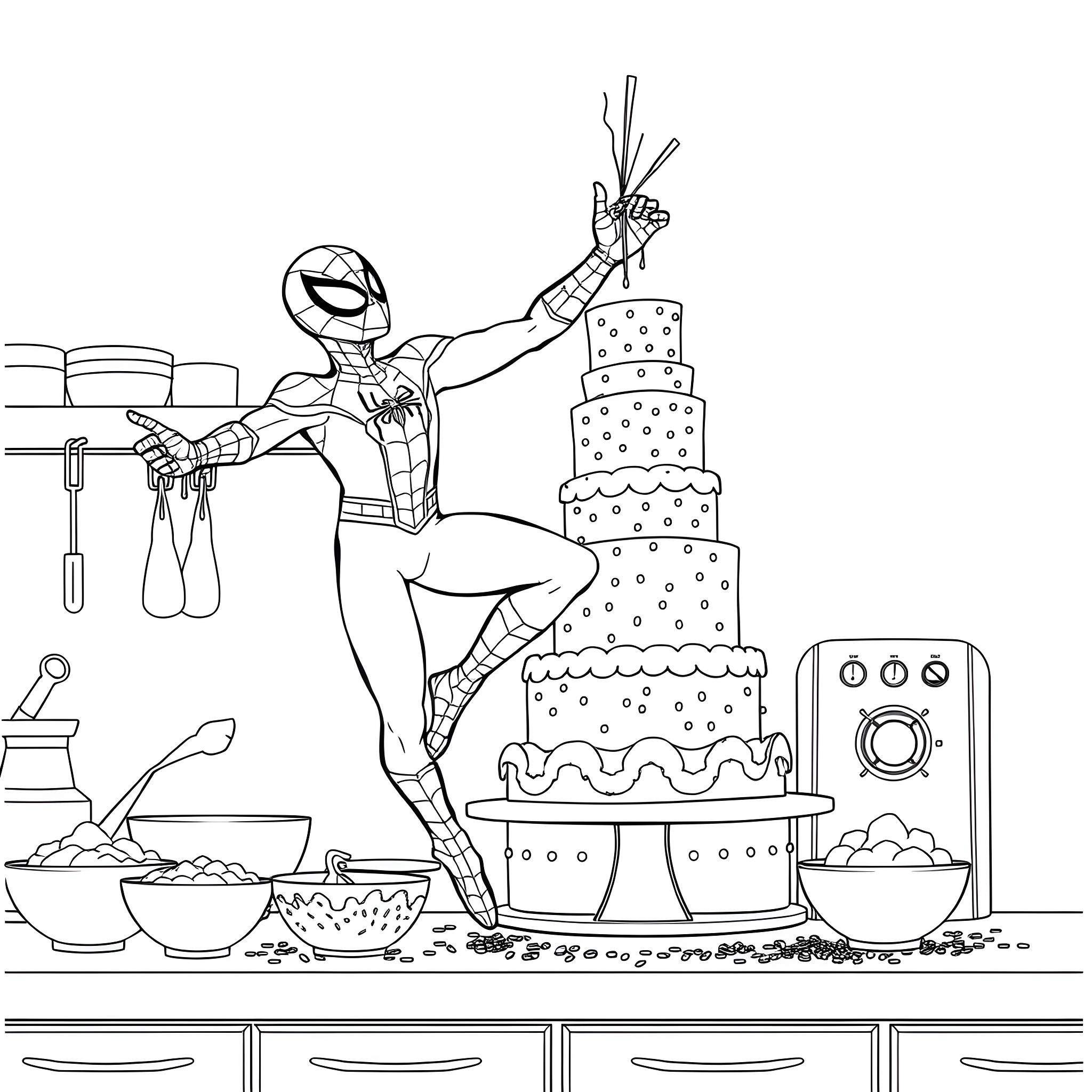 Spiderman baking a birthday cake in the kitchen Coloring Page (free black-and-white line drawing printable PDF for all, from beginners to advanced learners, including children, teens, adults, and seniors)