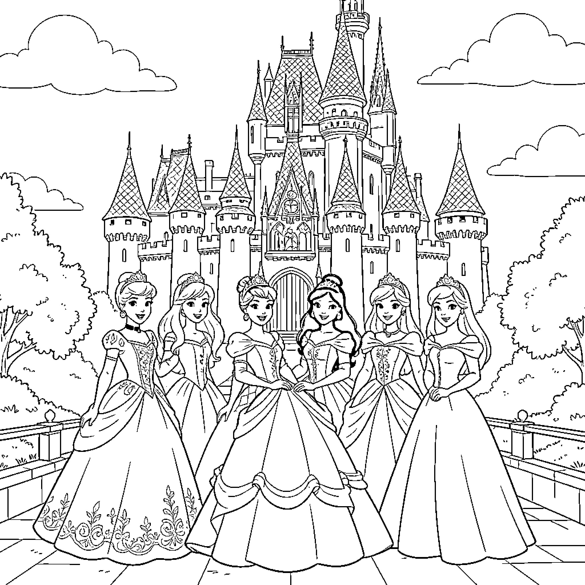 Princesses posing gracefully in front of a grand castle Coloring Page (free black-and-white line drawing printable PDF for all, from beginners to advanced learners, including children, teens, adults, and seniors)