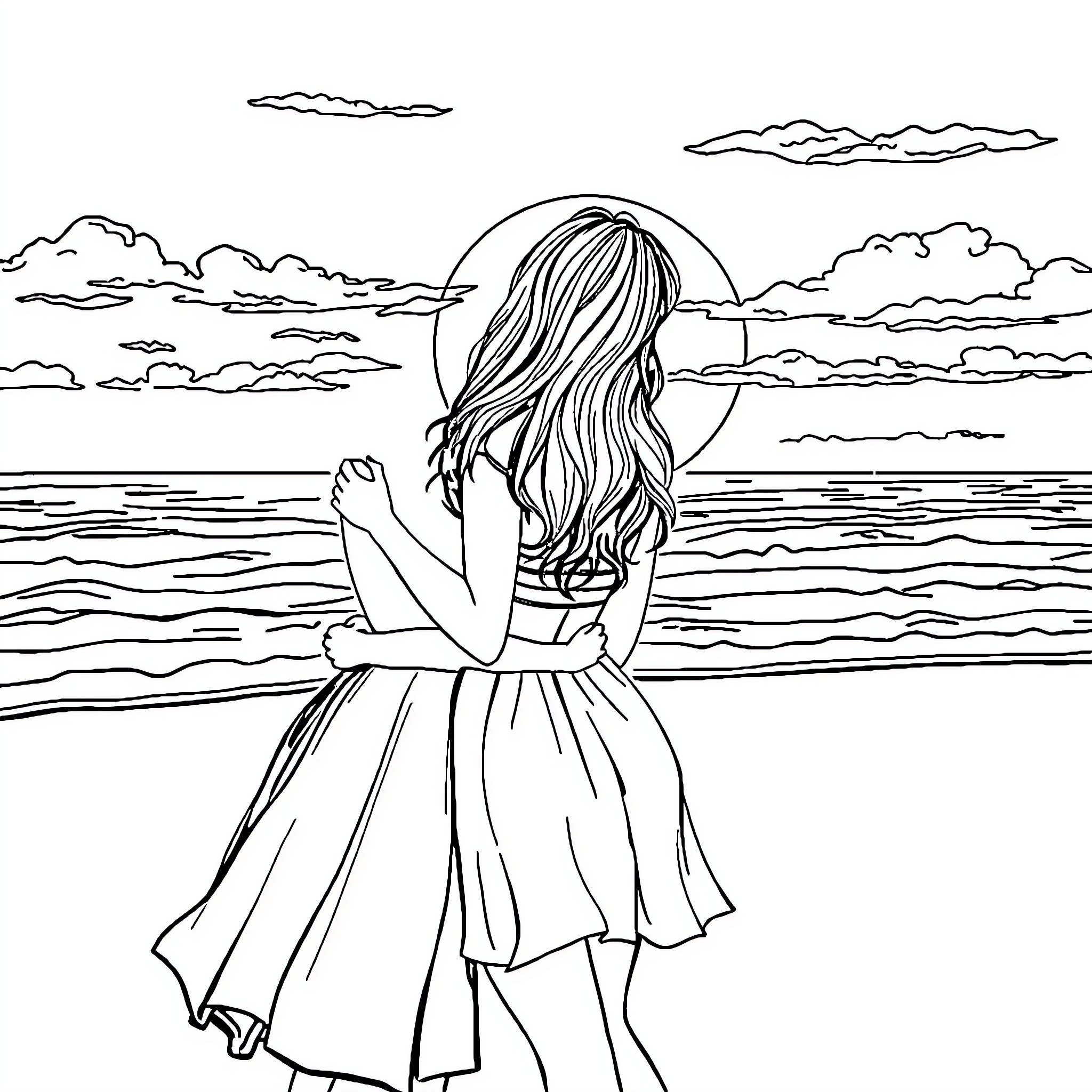 Lovers embracing under the moonlit sky Coloring Page (free black-and-white line drawing printable PDF for all, from beginners to advanced learners, including children, teens, adults, and seniors)