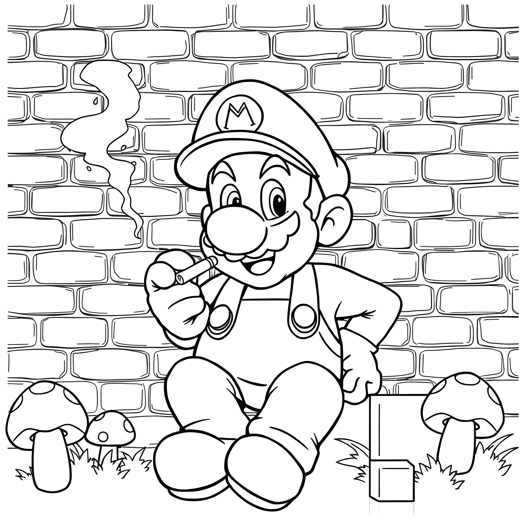 Mario Enjoying Nature in a Brick Setting Coloring Page (free black-and-white line drawing printable PDF for all, from beginners to advanced learners, including children, teens, adults, and seniors)