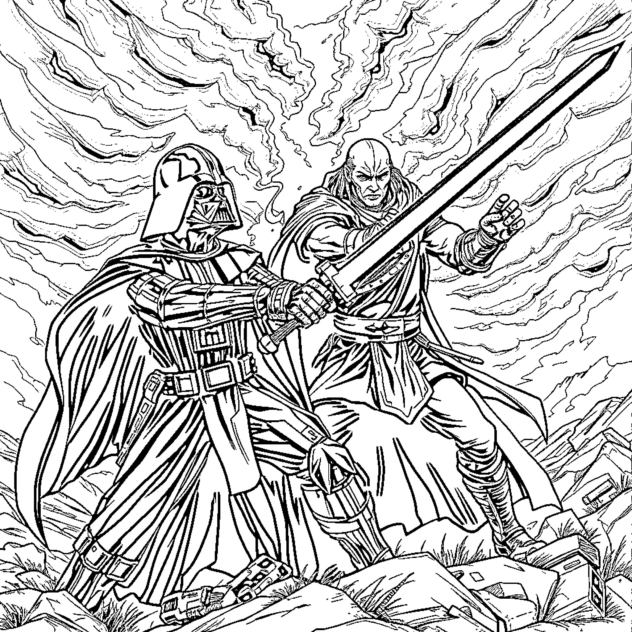 Darth Vader's epic showdown with a powerful foe Coloring Page (free black-and-white line drawing printable PDF for all, from beginners to advanced learners, including children, teens, adults, and seniors)