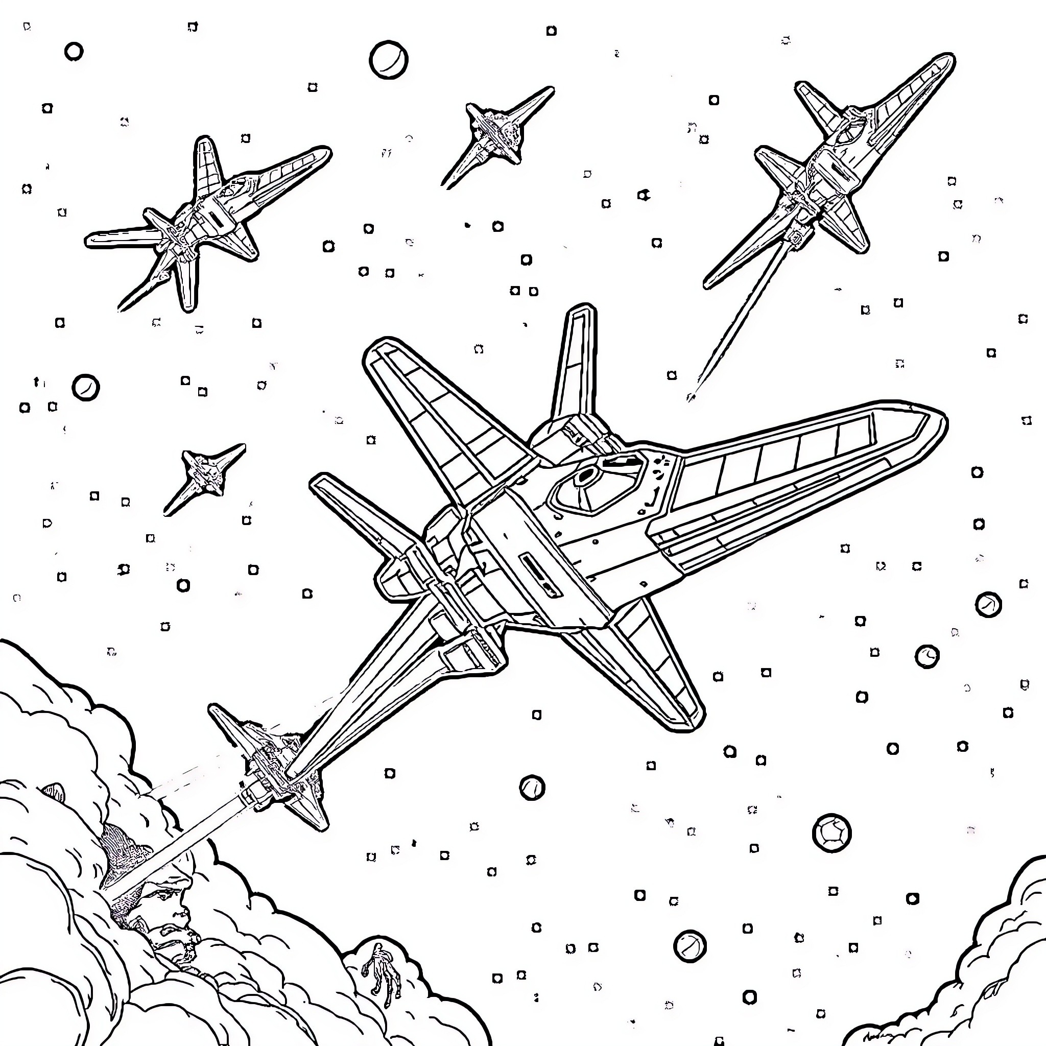 Star Wars Ship flying through the cosmos Coloring Page (free black-and-white line drawing printable PDF for all, from beginners to advanced learners, including children, teens, adults, and seniors)