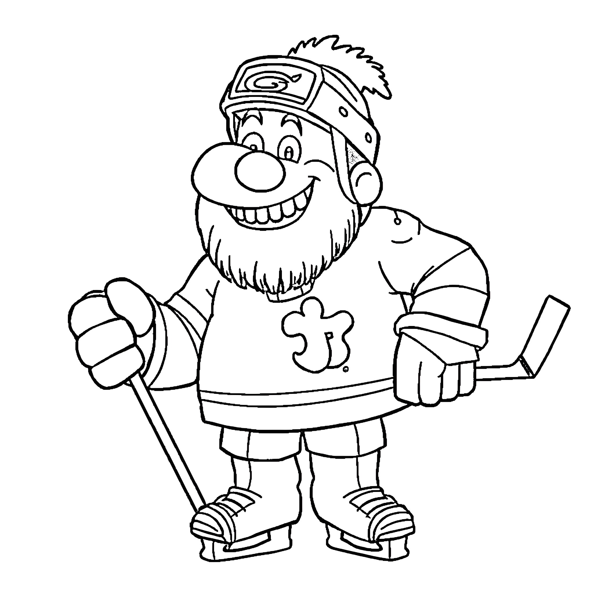 Shorsey in hockey gear smiling and giving a thumbs up Coloring Page (free black-and-white line drawing printable PDF for all, from beginners to advanced learners, including children, teens, adults, and seniors)