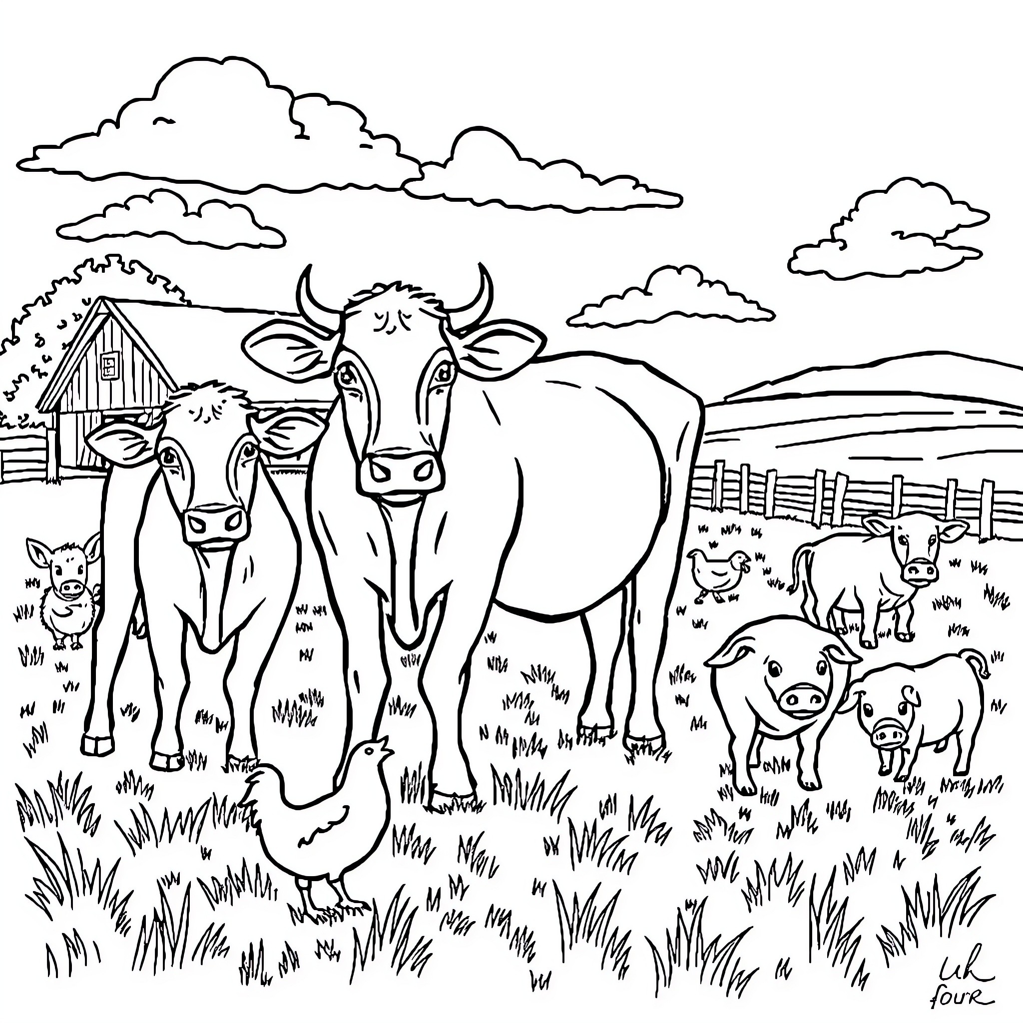 Cow family grazing peacefully on a farm Coloring Page (free black-and-white line drawing printable PDF for all, from beginners to advanced learners, including children, teens, adults, and seniors)