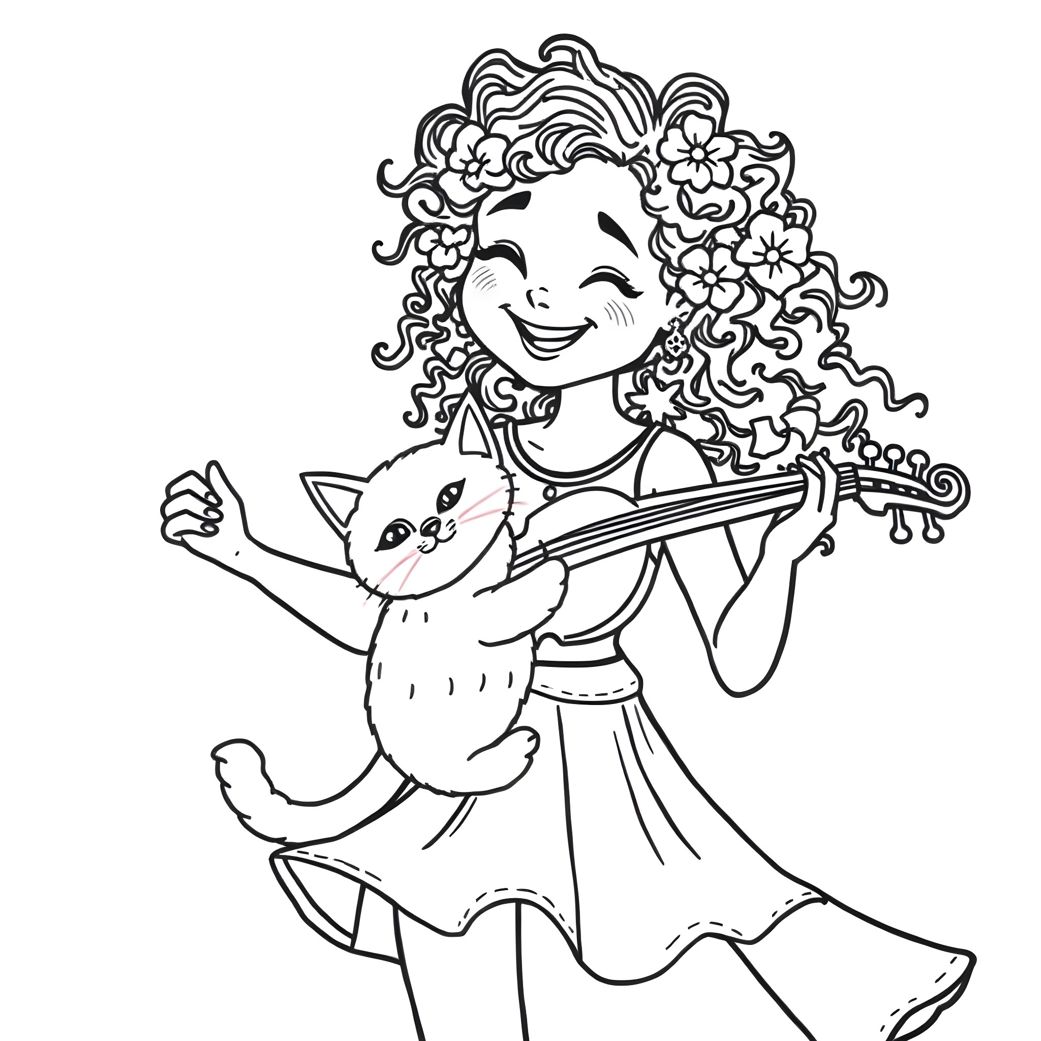 Girl hugging a playful kitten happily Coloring Page (free black-and-white line drawing printable PDF for all, from beginners to advanced learners, including children, teens, adults, and seniors)