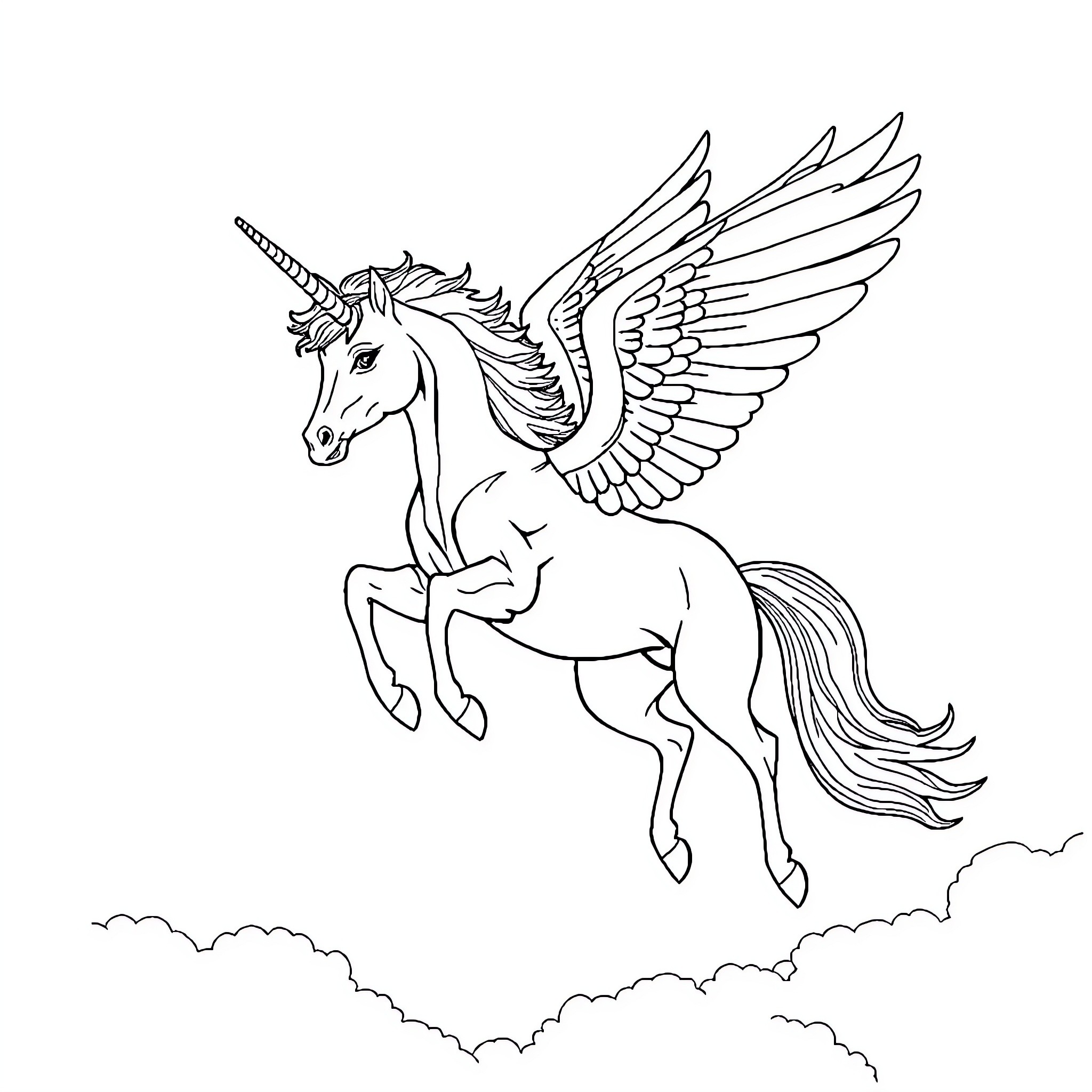 Pegasus soaring through the clouds Coloring Page (free black-and-white line drawing printable PDF for all, from beginners to advanced learners, including children, teens, adults, and seniors)