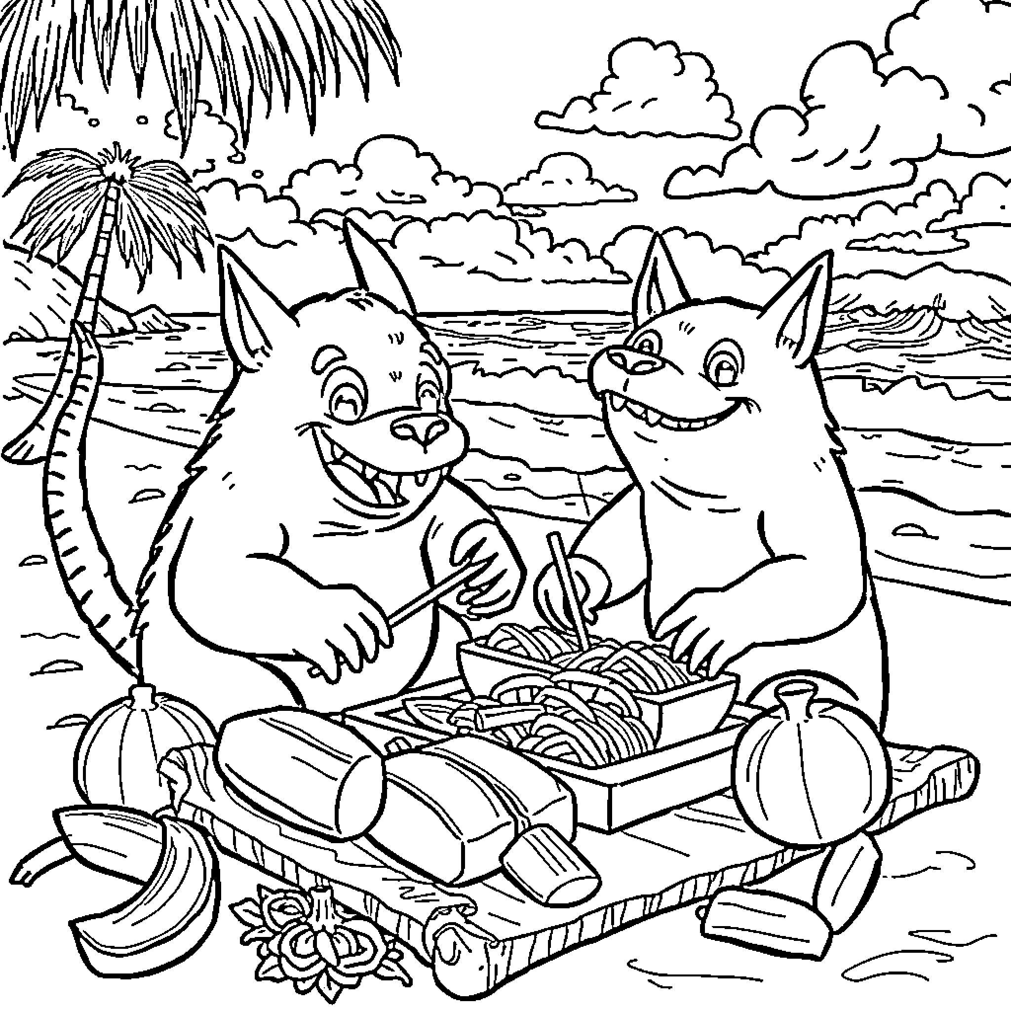 Chupacabra enjoying a picnic at the beach Coloring Page (free black-and-white line drawing printable PDF for all, from beginners to advanced learners, including children, teens, adults, and seniors)