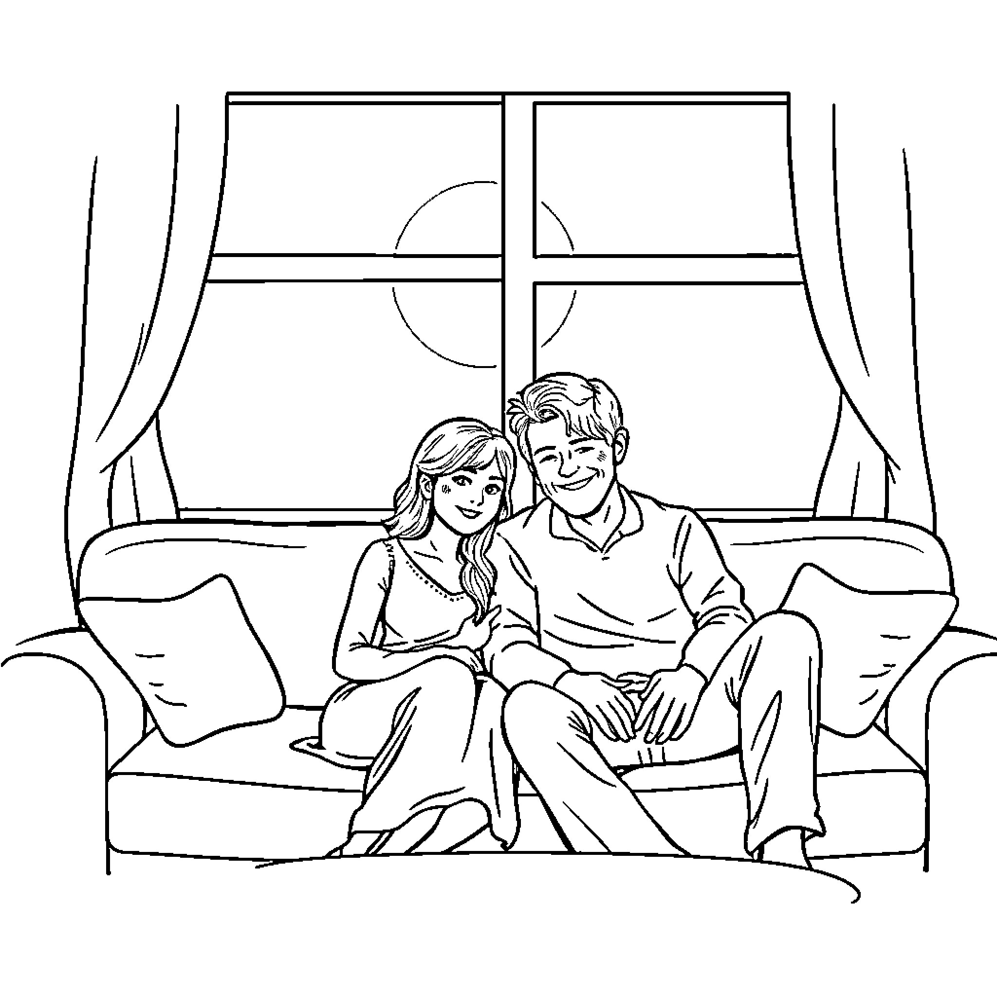Parent couple relaxing on couch together Coloring Page (free black-and-white line drawing printable PDF for all, from beginners to advanced learners, including children, teens, adults, and seniors)
