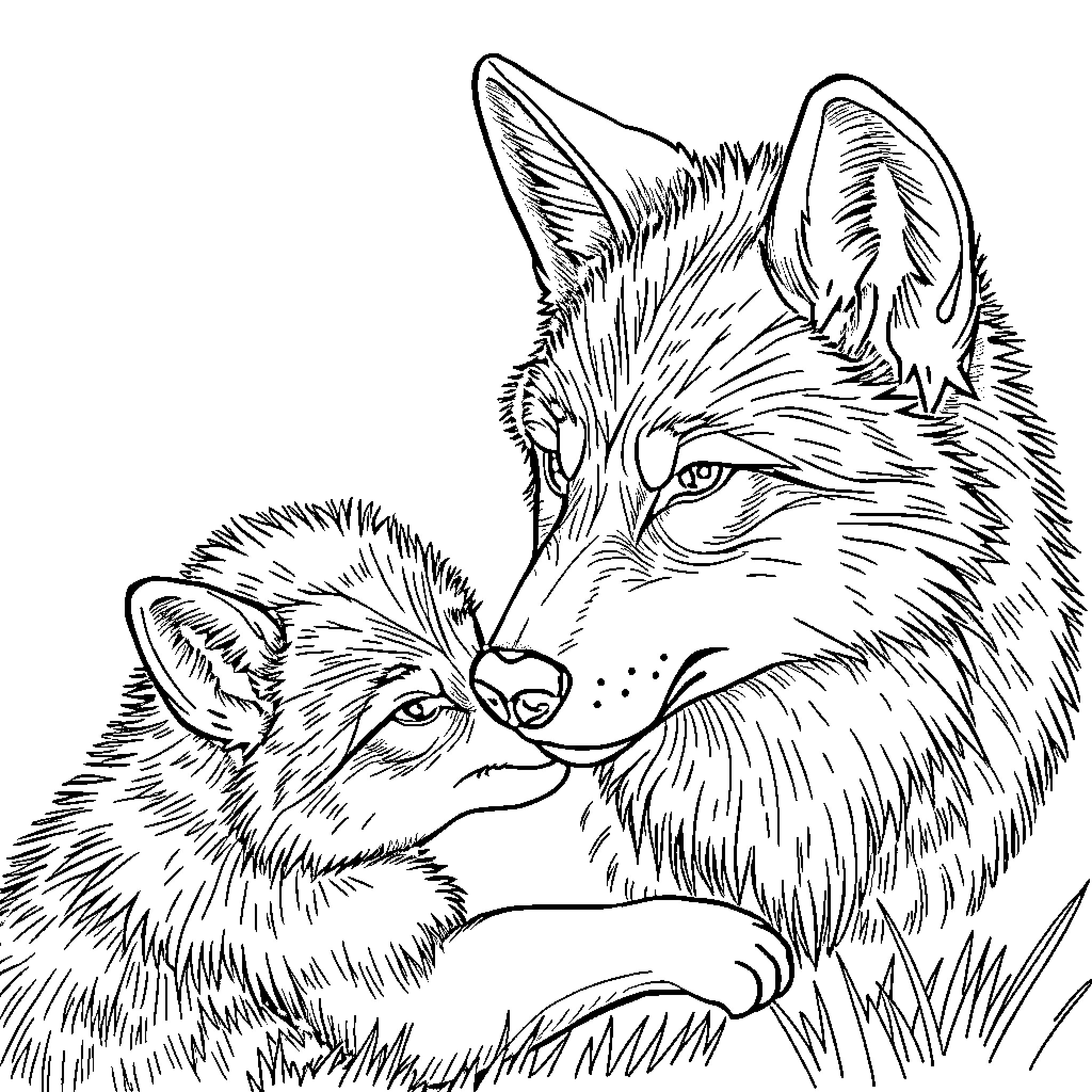 Wolf Mother Nuzzling Her Cub Coloring Page (free black-and-white line drawing printable PDF for all, from beginners to advanced learners, including children, teens, adults, and seniors)