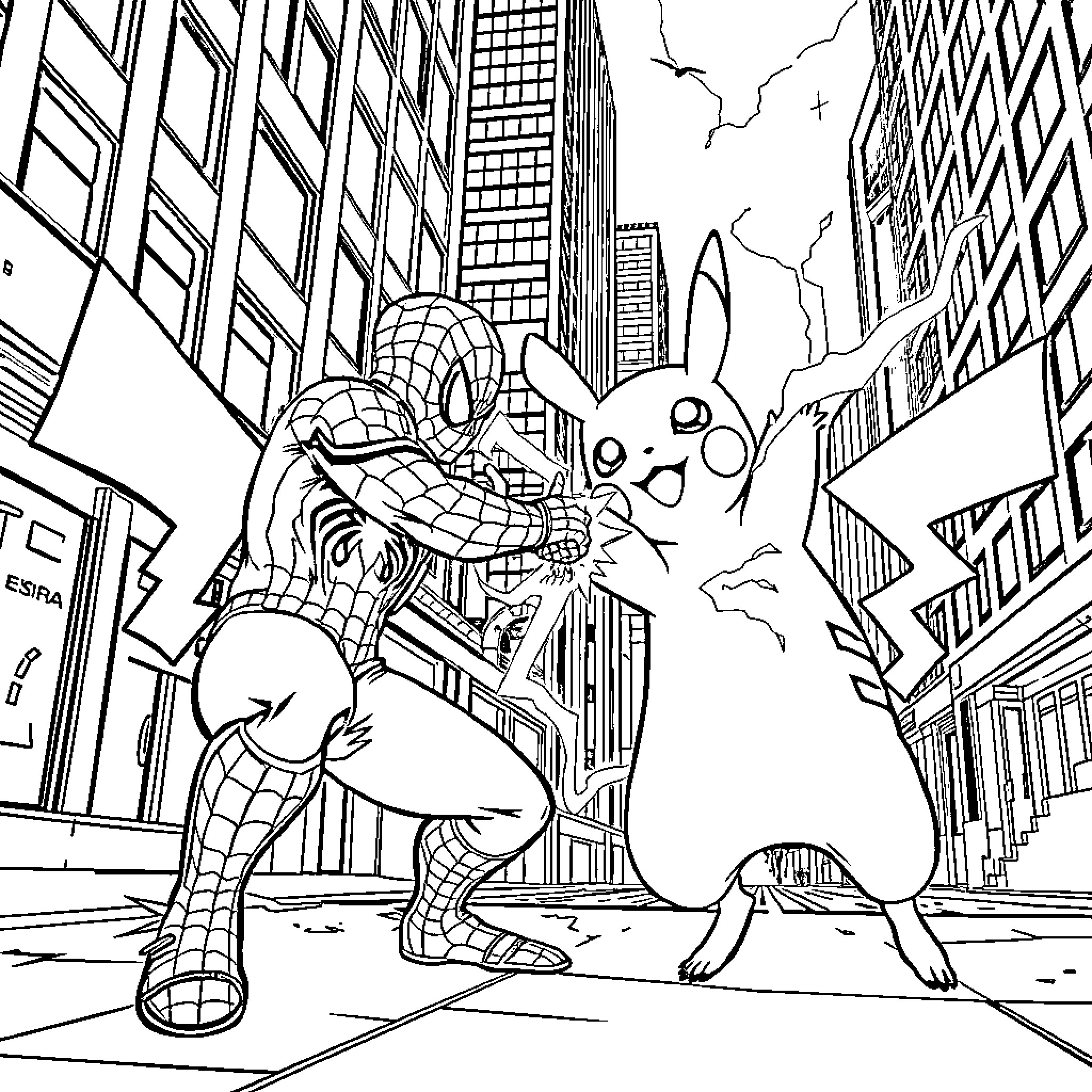 Pikachu and Spider-Man battle in the city Coloring Page (free black-and-white line drawing printable PDF for all, from beginners to advanced learners, including children, teens, adults, and seniors)