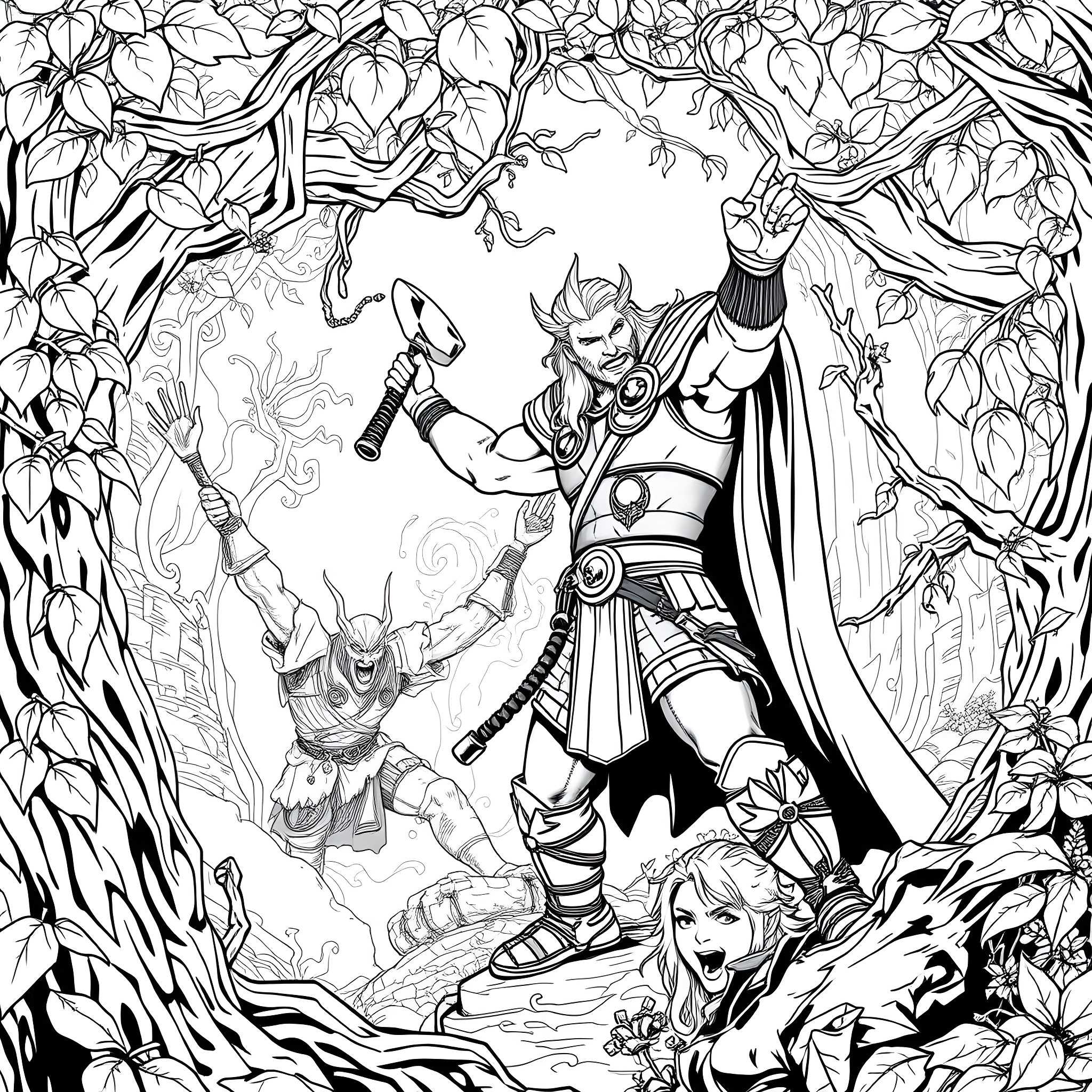 Thor's Heroic Encounter in the Enchanted Forest Coloring Page (free black-and-white line drawing printable PDF for all, from beginners to advanced learners, including children, teens, adults, and seniors)