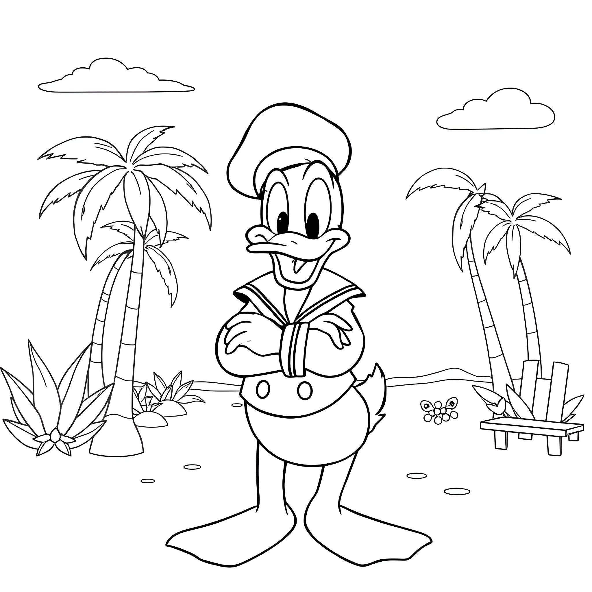 Donald Duck enjoying a tropical vacation Coloring Page (free black-and-white line drawing printable PDF for all, from beginners to advanced learners, including children, teens, adults, and seniors)
