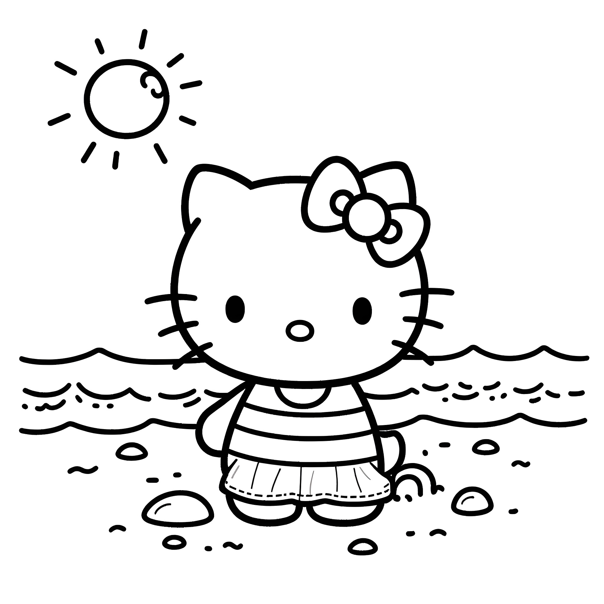 Hello Kitty playing by the beach Coloring Page (free black-and-white line drawing printable PDF for all, from beginners to advanced learners, including children, teens, adults, and seniors)