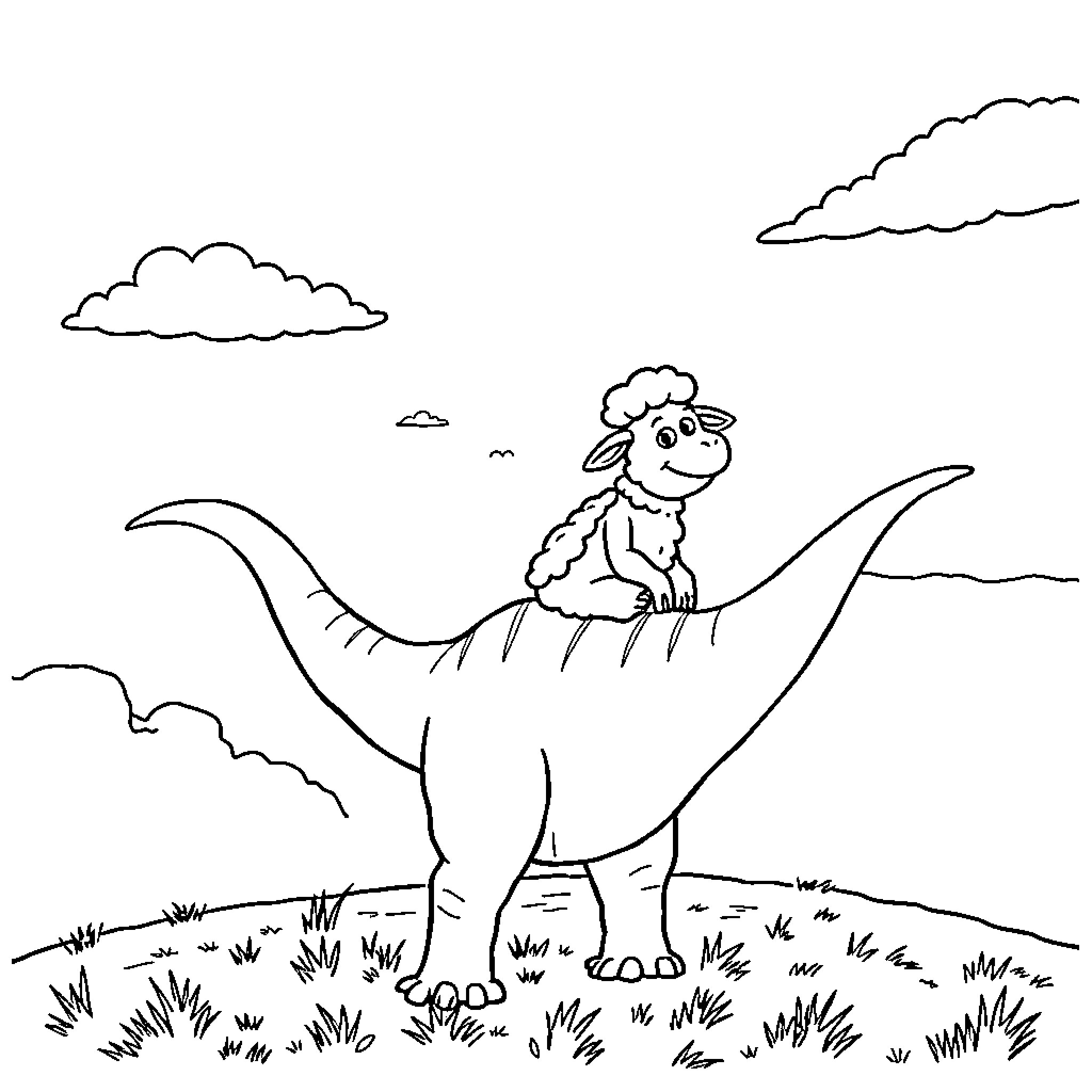 Shaun riding a friendly dinosaur in a field Coloring Page (free black-and-white line drawing printable PDF for all, from beginners to advanced learners, including children, teens, adults, and seniors)