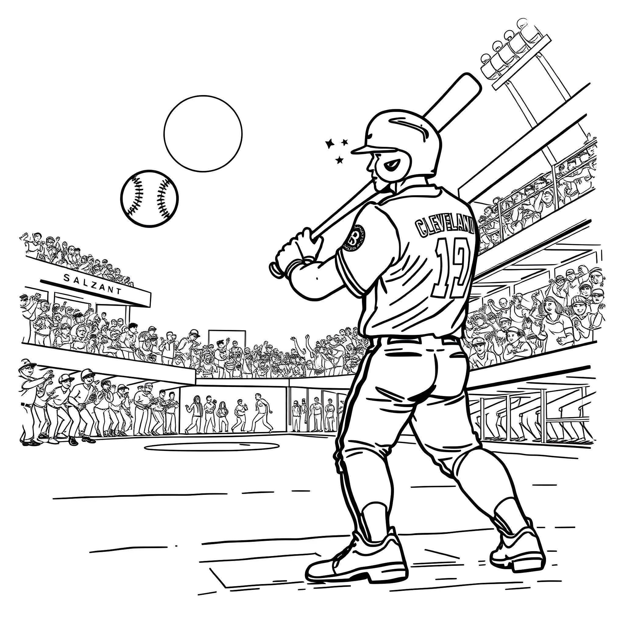 Cleveland Guardians baseball player in action on the field Coloring Page (free black-and-white line drawing printable PDF for all, from beginners to advanced learners, including children, teens, adults, and seniors)