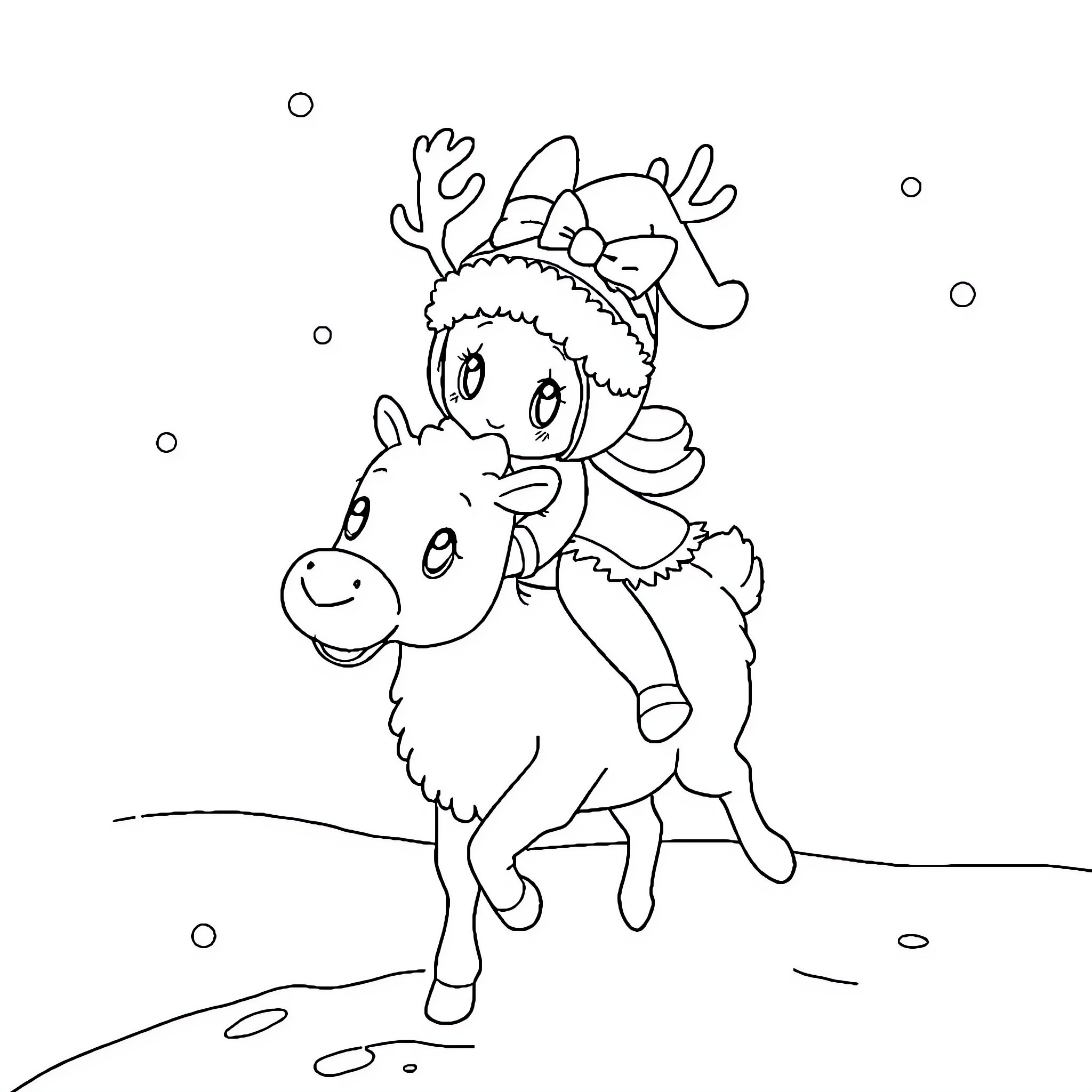 Melody riding a friendly reindeer in winter wonderland Coloring Page (free black-and-white line drawing printable PDF for all, from beginners to advanced learners, including children, teens, adults, and seniors)