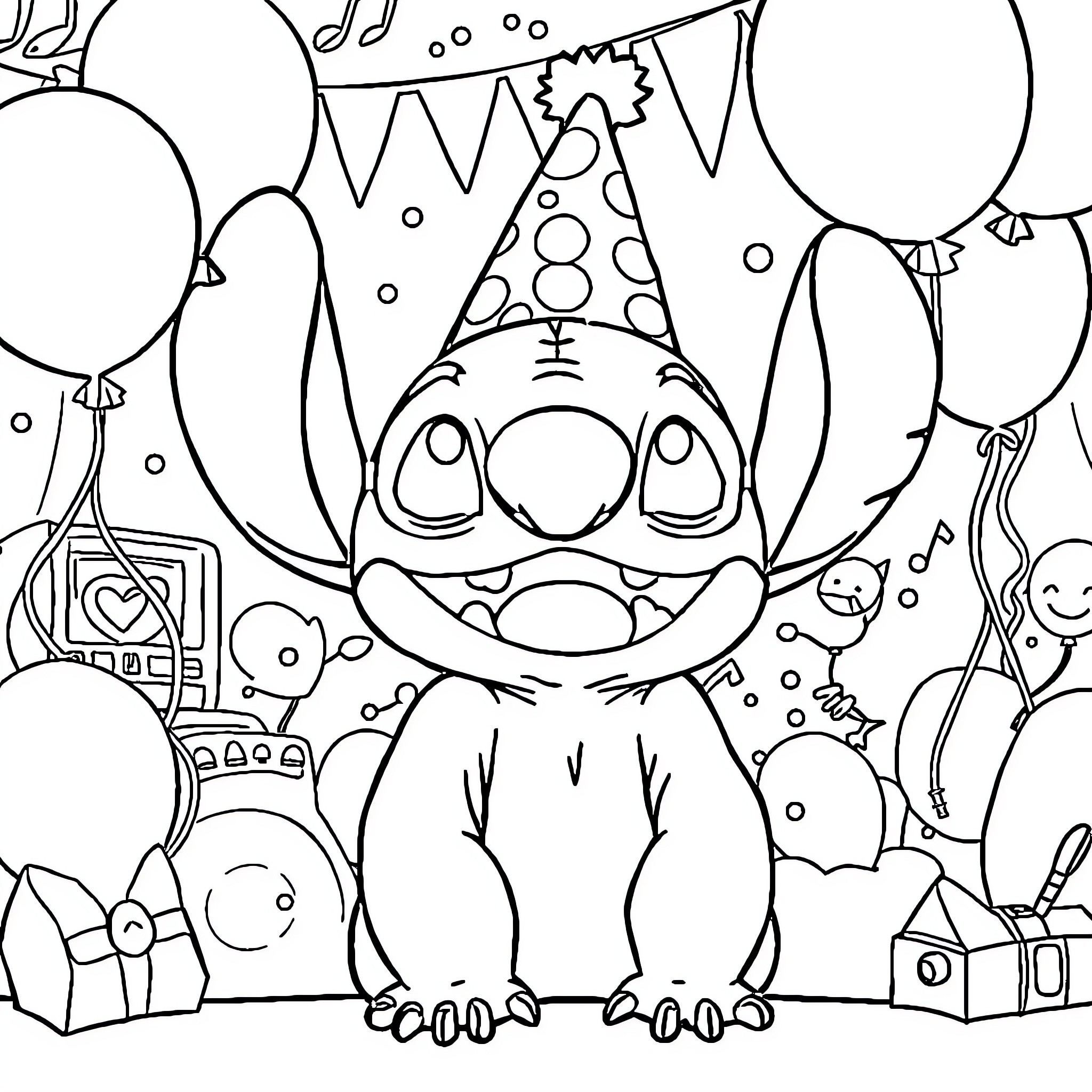 Stitch celebrating with party decorations Coloring Page (free black-and-white line drawing printable PDF for all, from beginners to advanced learners, including children, teens, adults, and seniors)
