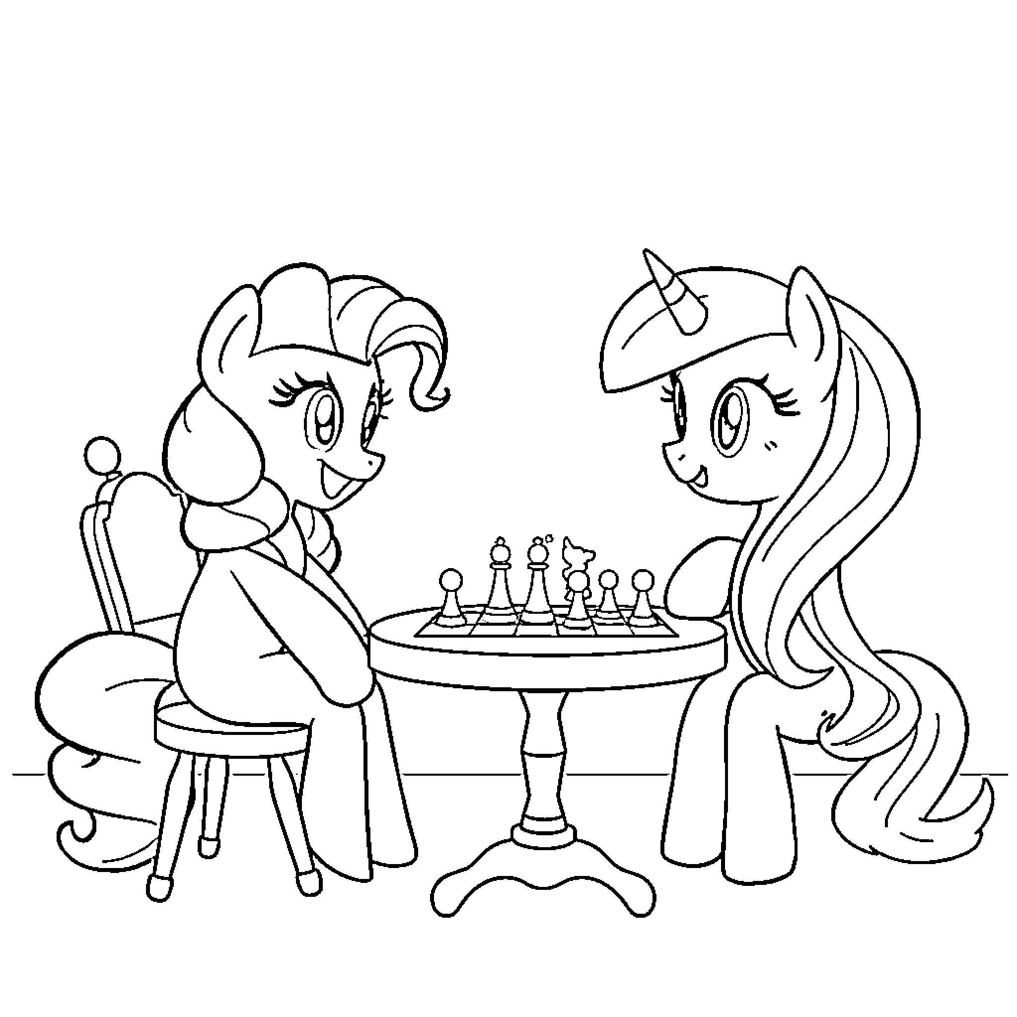 Pinkie Pie playing chess with unicorn friend Coloring Page (free black-and-white line drawing printable PDF for all, from beginners to advanced learners, including children, teens, adults, and seniors)