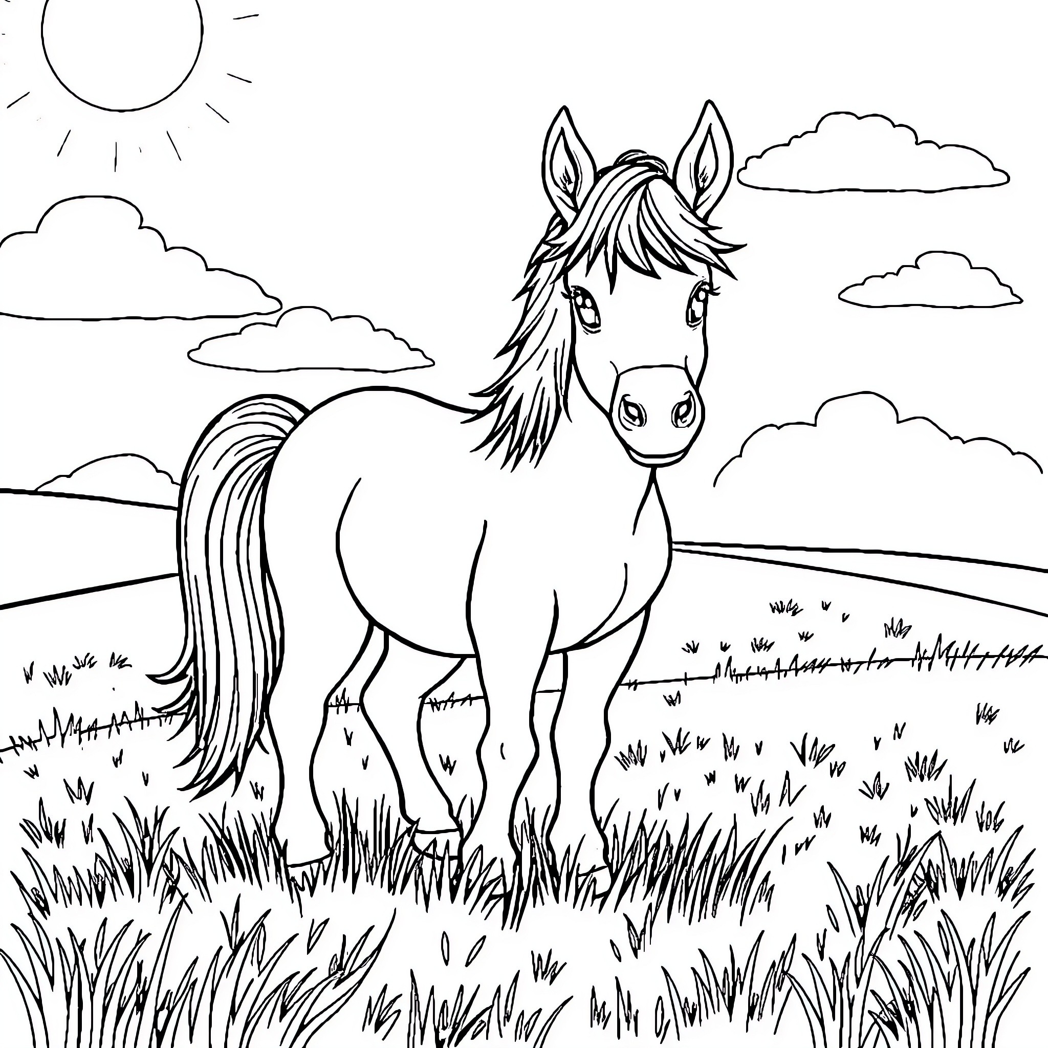Pony standing proudly in the meadow Coloring Page (free black-and-white line drawing printable PDF for all, from beginners to advanced learners, including children, teens, adults, and seniors)