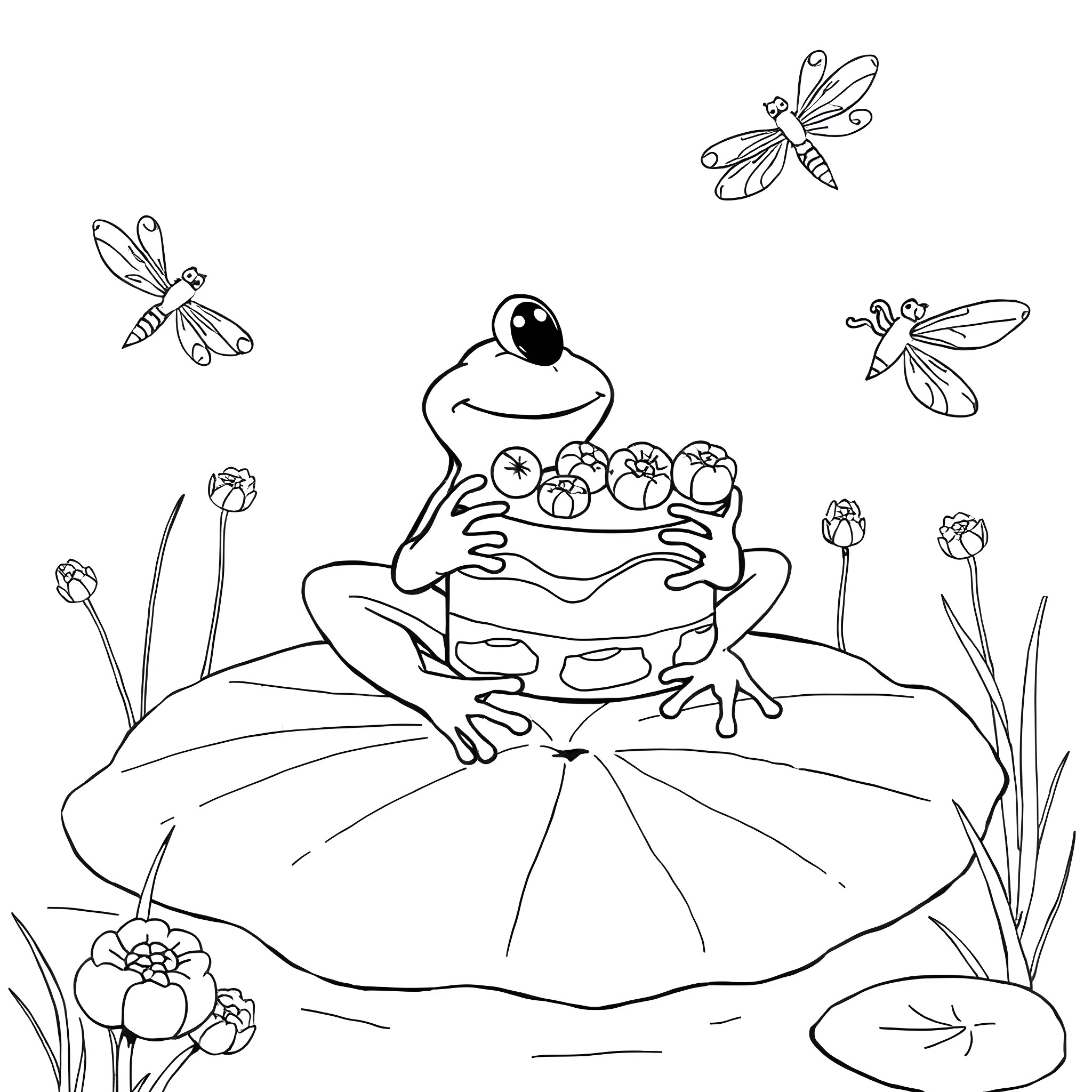 Frog sitting on a lily pad surrounded by dragonflies Coloring Page (free black-and-white line drawing printable PDF for all, from beginners to advanced learners, including children, teens, adults, and seniors)