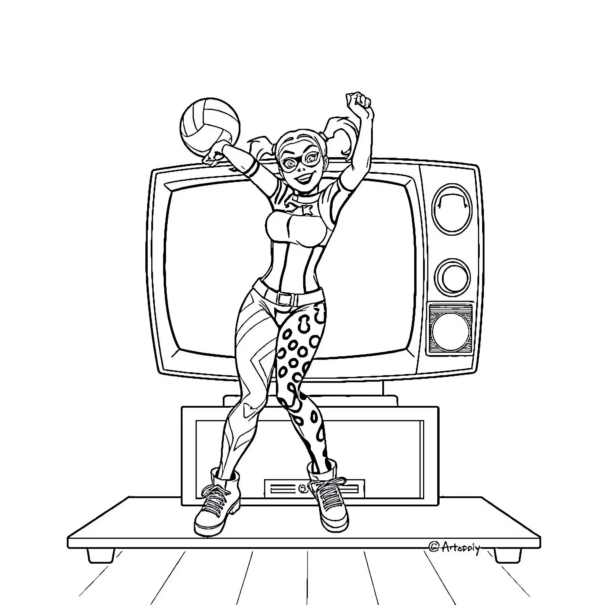 Harley Quinn Celebrates on Television Coloring Page (free black-and-white line drawing printable PDF for all, from beginners to advanced learners, including children, teens, adults, and seniors)
