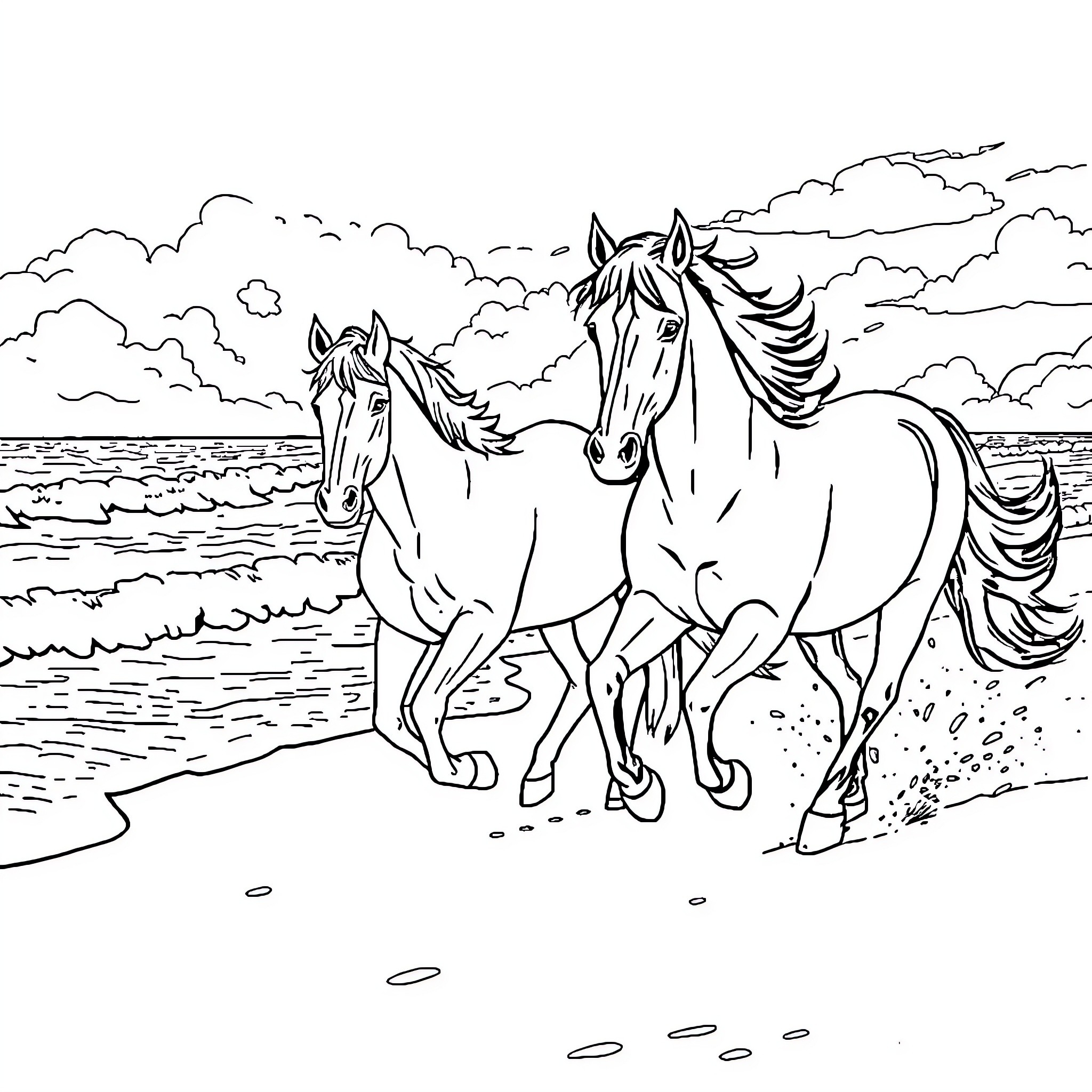 Horses galloping freely along the shore Coloring Page (free black-and-white line drawing printable PDF for all, from beginners to advanced learners, including children, teens, adults, and seniors)