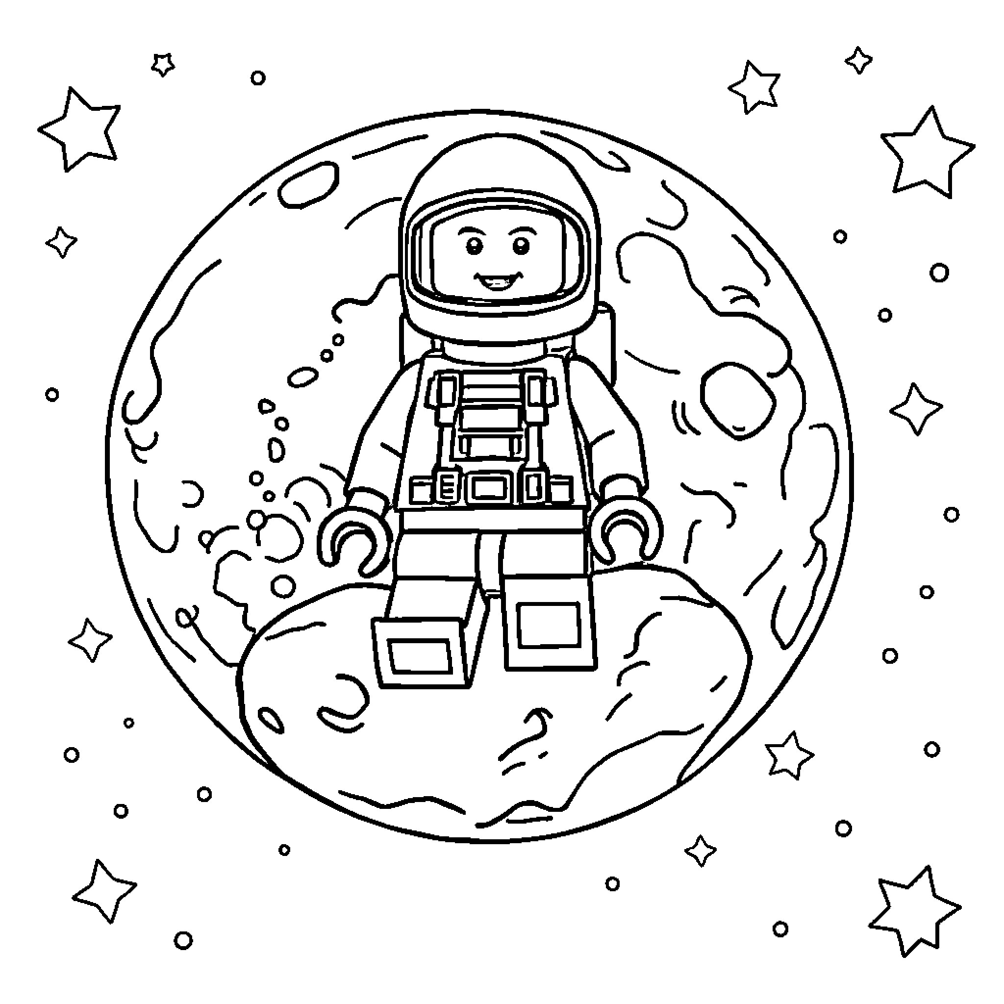 Lego Spaceman exploring the stars Coloring Page (free black-and-white line drawing printable PDF for all, from beginners to advanced learners, including children, teens, adults, and seniors)