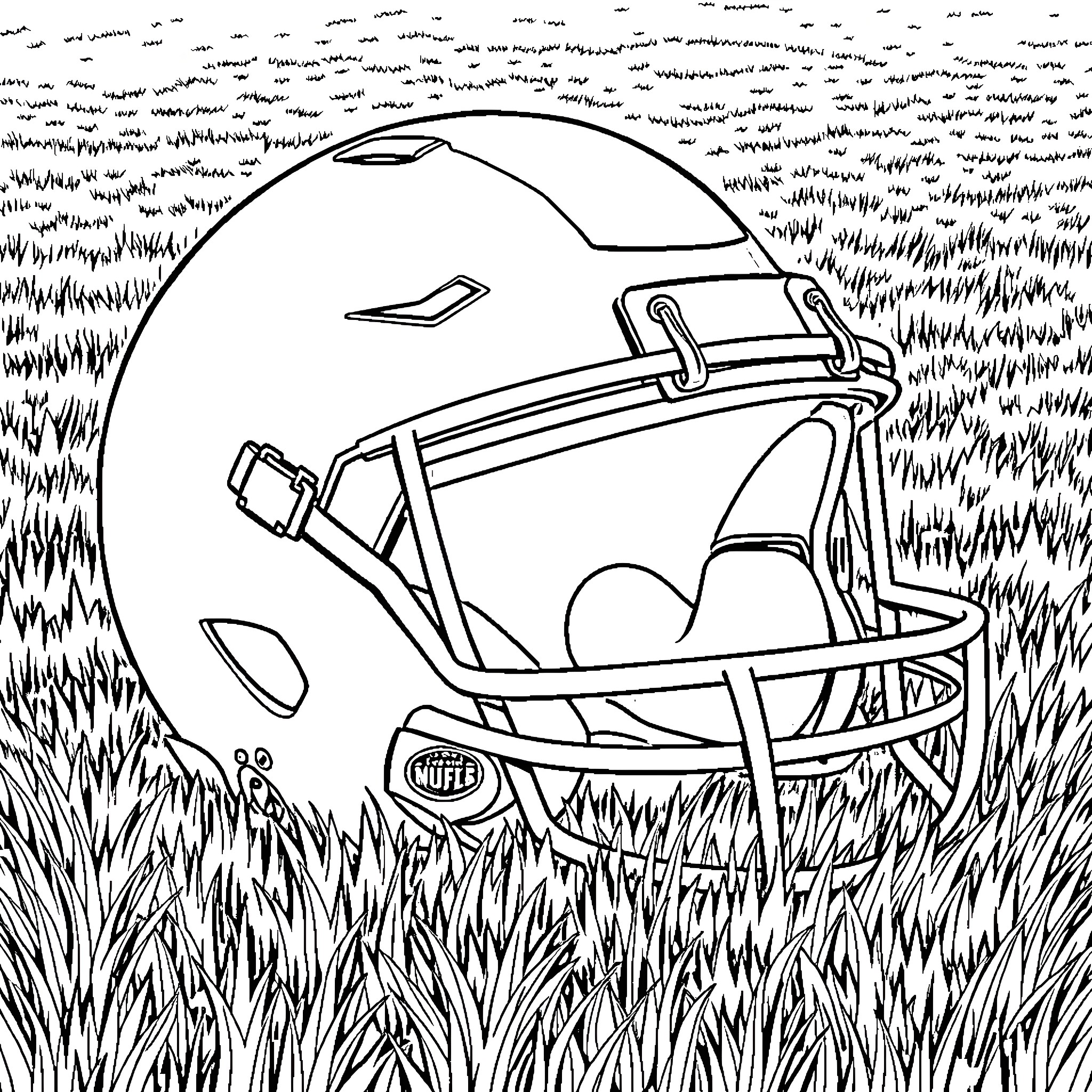 Football Helmet on the Grassy Field Coloring Page (free black-and-white line drawing printable PDF for all, from beginners to advanced learners, including children, teens, adults, and seniors)