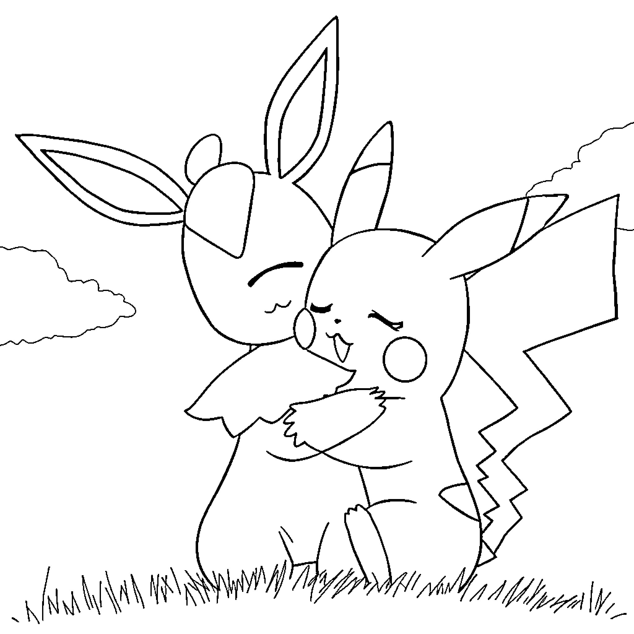 Pikachu playing with a Pokémon friend Coloring Page (free black-and-white line drawing printable PDF for all, from beginners to advanced learners, including children, teens, adults, and seniors)