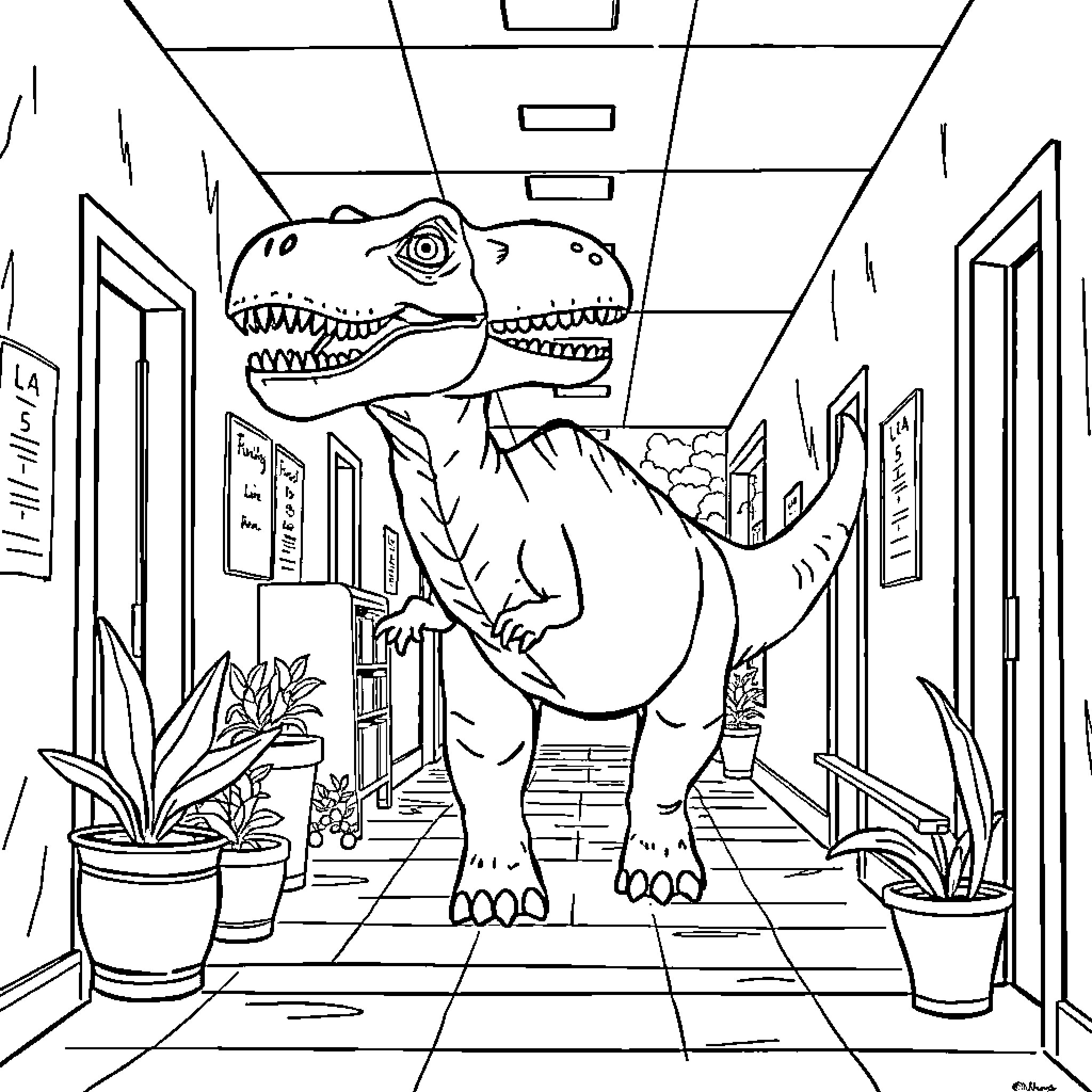 Dinosaur roams the school hallway Coloring Page (free black-and-white line drawing printable PDF for all, from beginners to advanced learners, including children, teens, adults, and seniors)