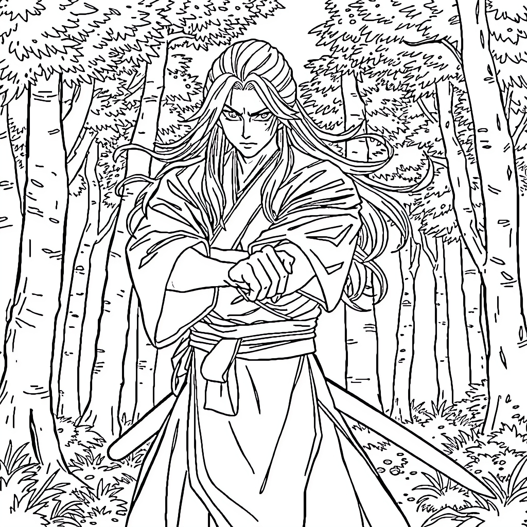 Yoriichi in the Peaceful Forest Coloring Page (free black-and-white line drawing printable PDF for all, from beginners to advanced learners, including children, teens, adults, and seniors)