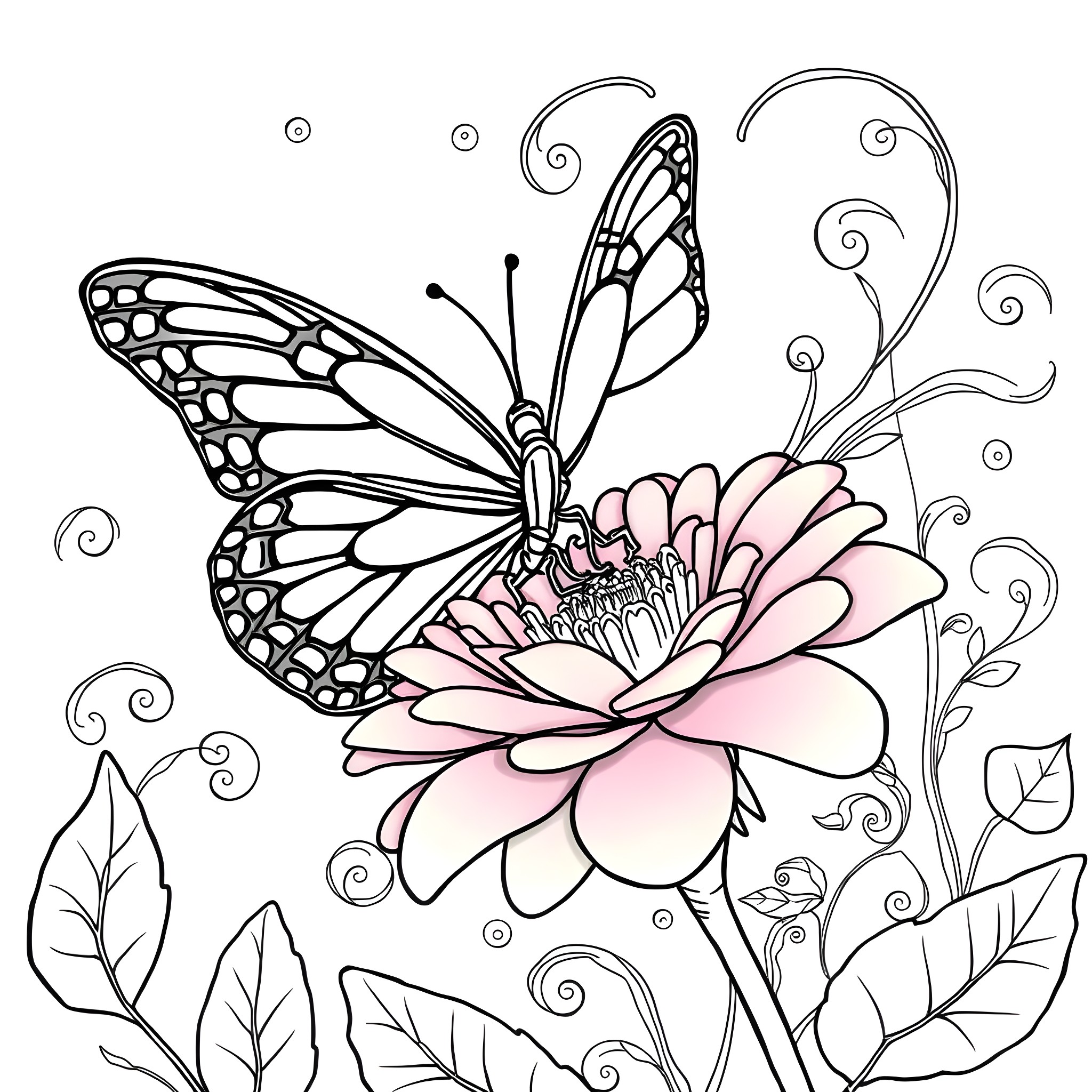 Butterfly resting on a beautiful flower Coloring Page (free black-and-white line drawing printable PDF for all, from beginners to advanced learners, including children, teens, adults, and seniors)