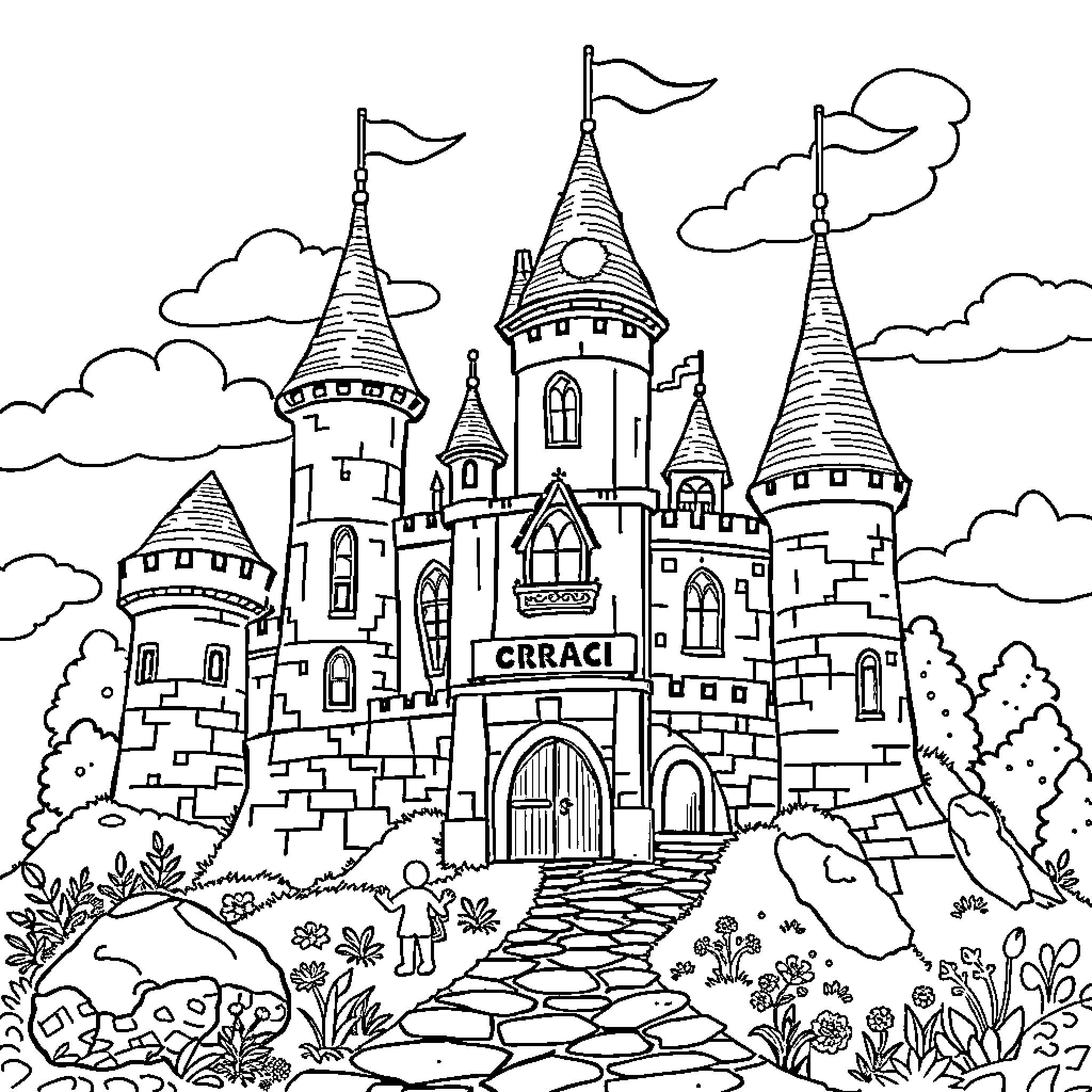 Castle of Enchantment on the Hilltop Coloring Page (free black-and-white line drawing printable PDF for all, from beginners to advanced learners, including children, teens, adults, and seniors)