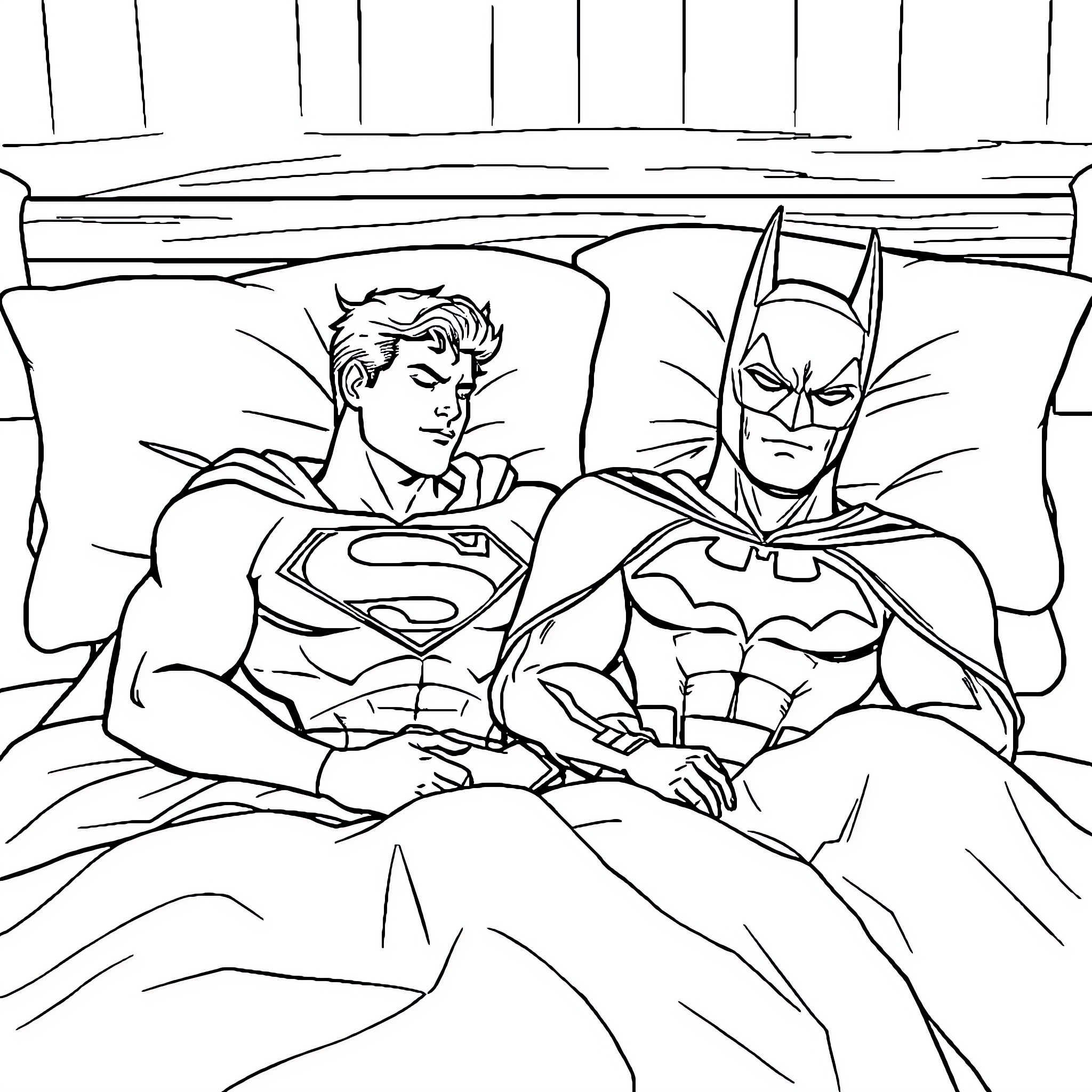 Superman and Batman resting together Coloring Page (free black-and-white line drawing printable PDF for all, from beginners to advanced learners, including children, teens, adults, and seniors)