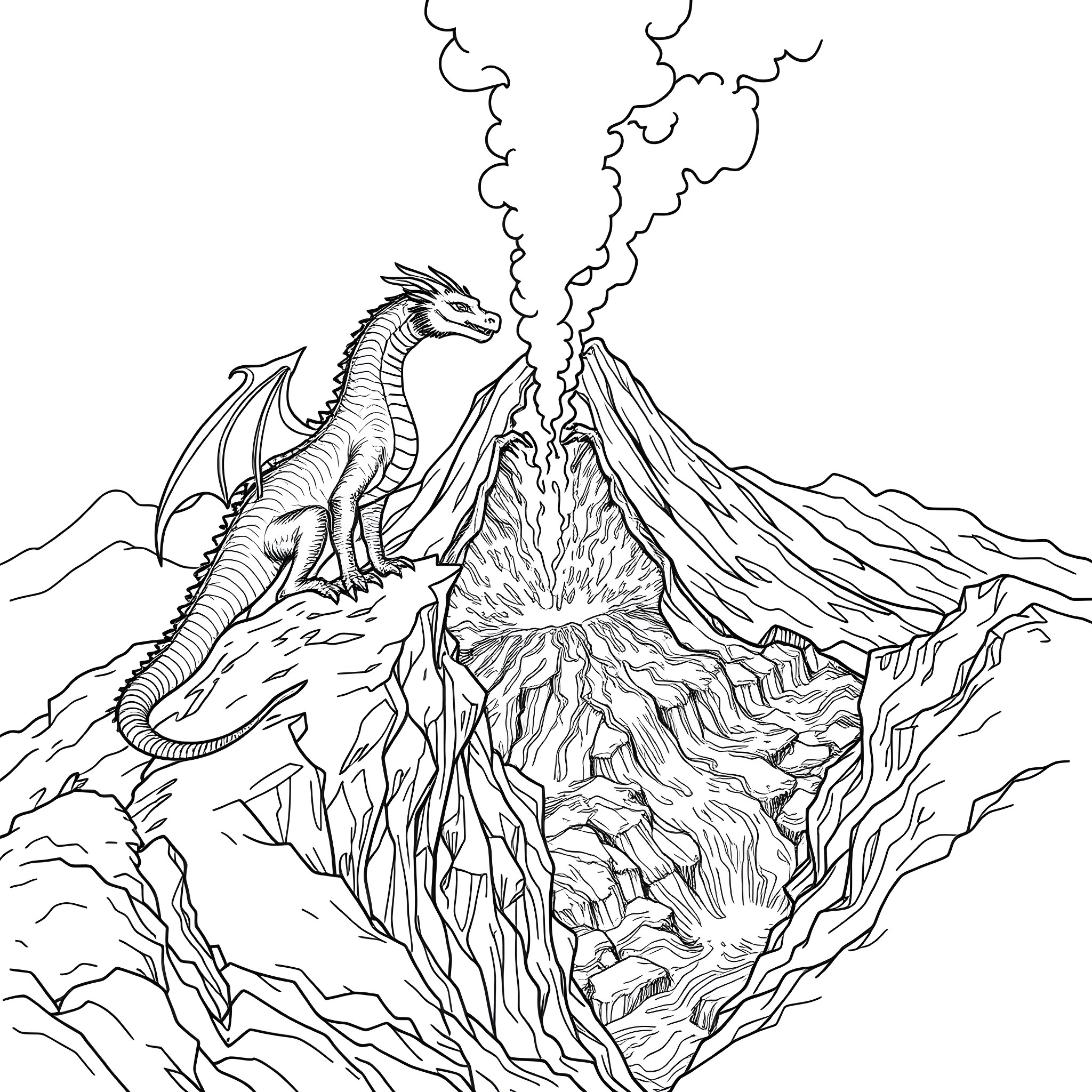 Dragon atop a smoking volcanic mountain Coloring Page (free black-and-white line drawing printable PDF for all, from beginners to advanced learners, including children, teens, adults, and seniors)