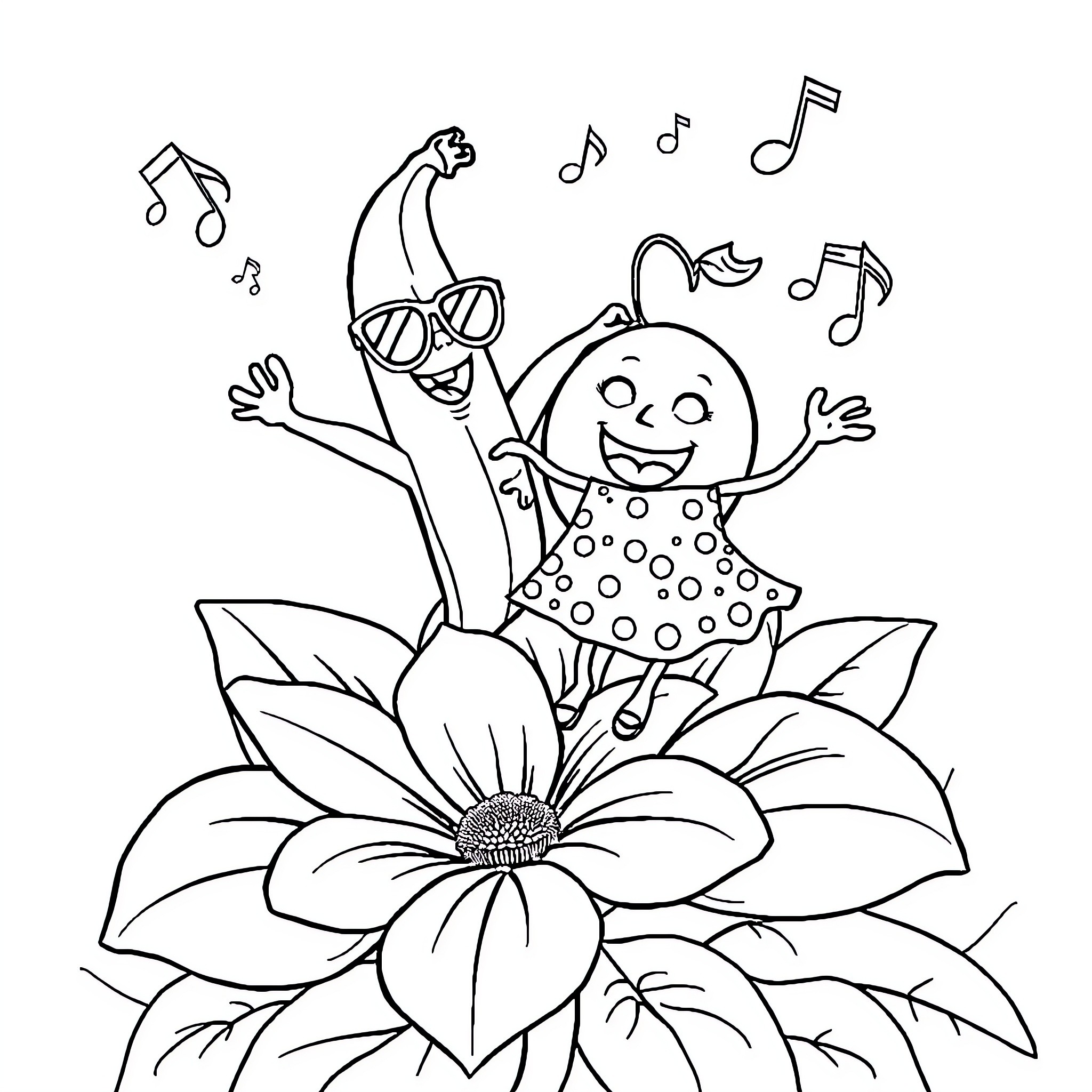 Banana Dancing Joyfully with Musical Notes Coloring Page (free black-and-white line drawing printable PDF for all, from beginners to advanced learners, including children, teens, adults, and seniors)