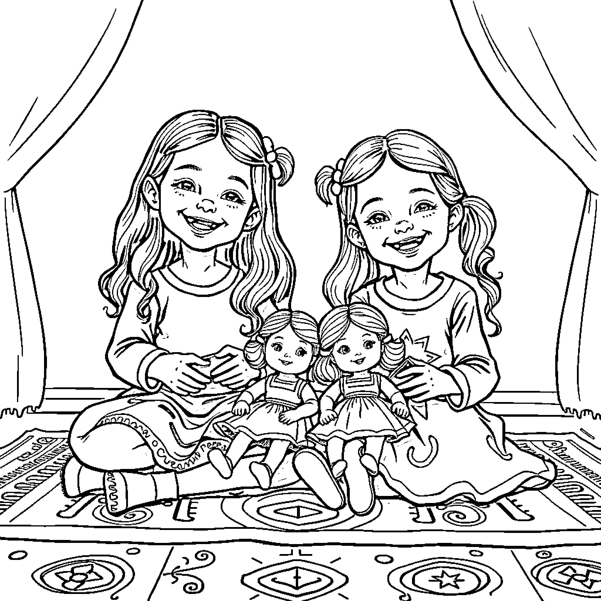 Twin Sisters Presenting Their Dolls Playfully Coloring Page (free black-and-white line drawing printable PDF for all, from beginners to advanced learners, including children, teens, adults, and seniors)