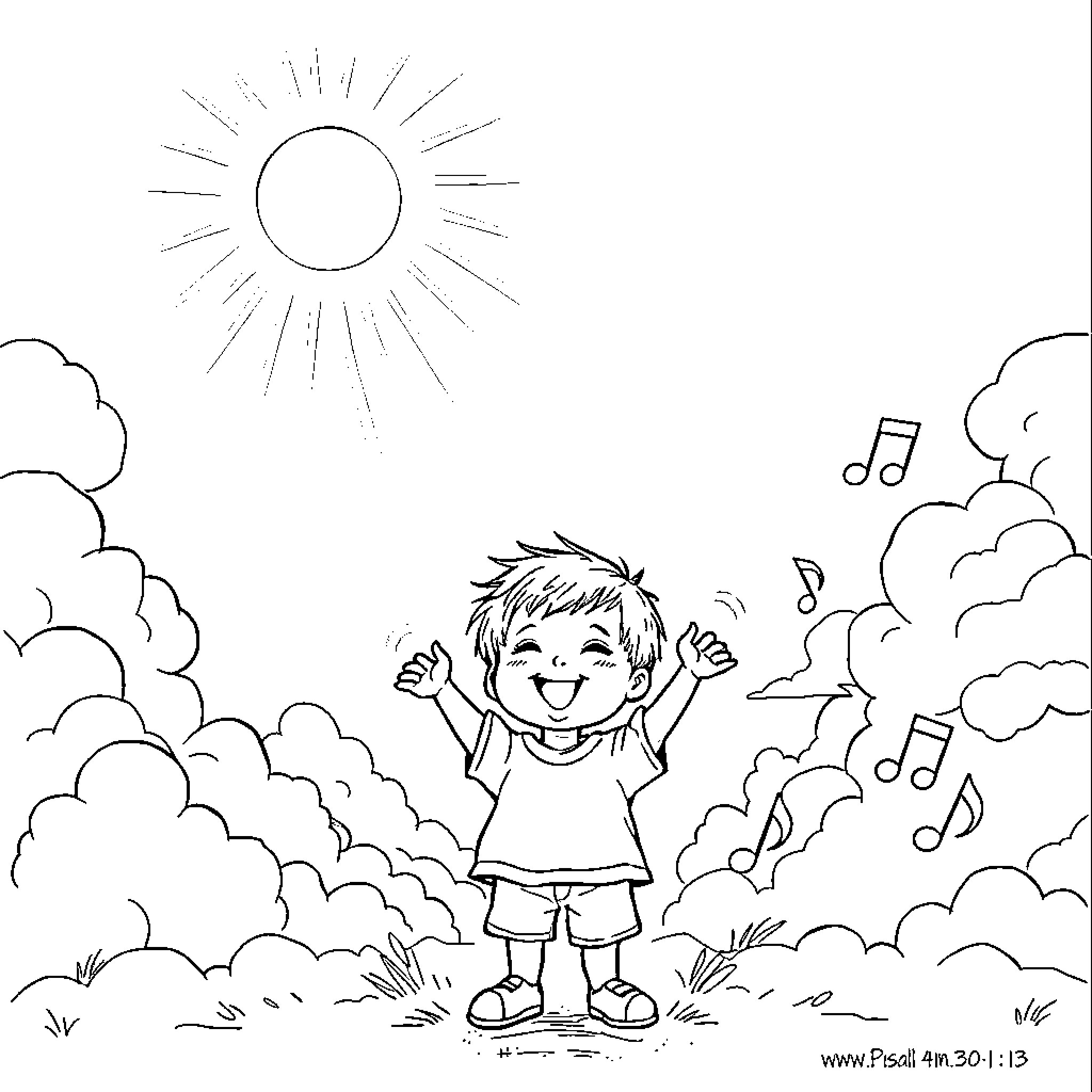 Child happily playing in the sun Coloring Page (free black-and-white line drawing printable PDF for all, from beginners to advanced learners, including children, teens, adults, and seniors)
