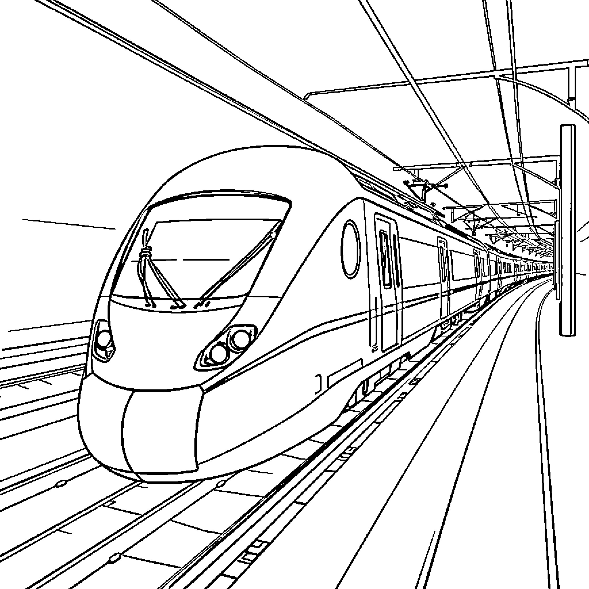 TGV high-speed train in motion on railway track Coloring Page (free black-and-white line drawing printable PDF for all, from beginners to advanced learners, including children, teens, adults, and seniors)