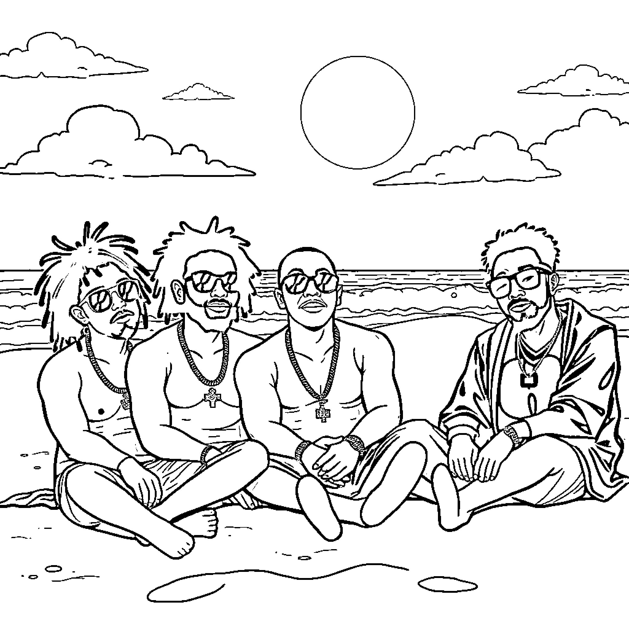 Wu Tang beach scene with laidback group Coloring Page (free black-and-white line drawing printable PDF for all, from beginners to advanced learners, including children, teens, adults, and seniors)