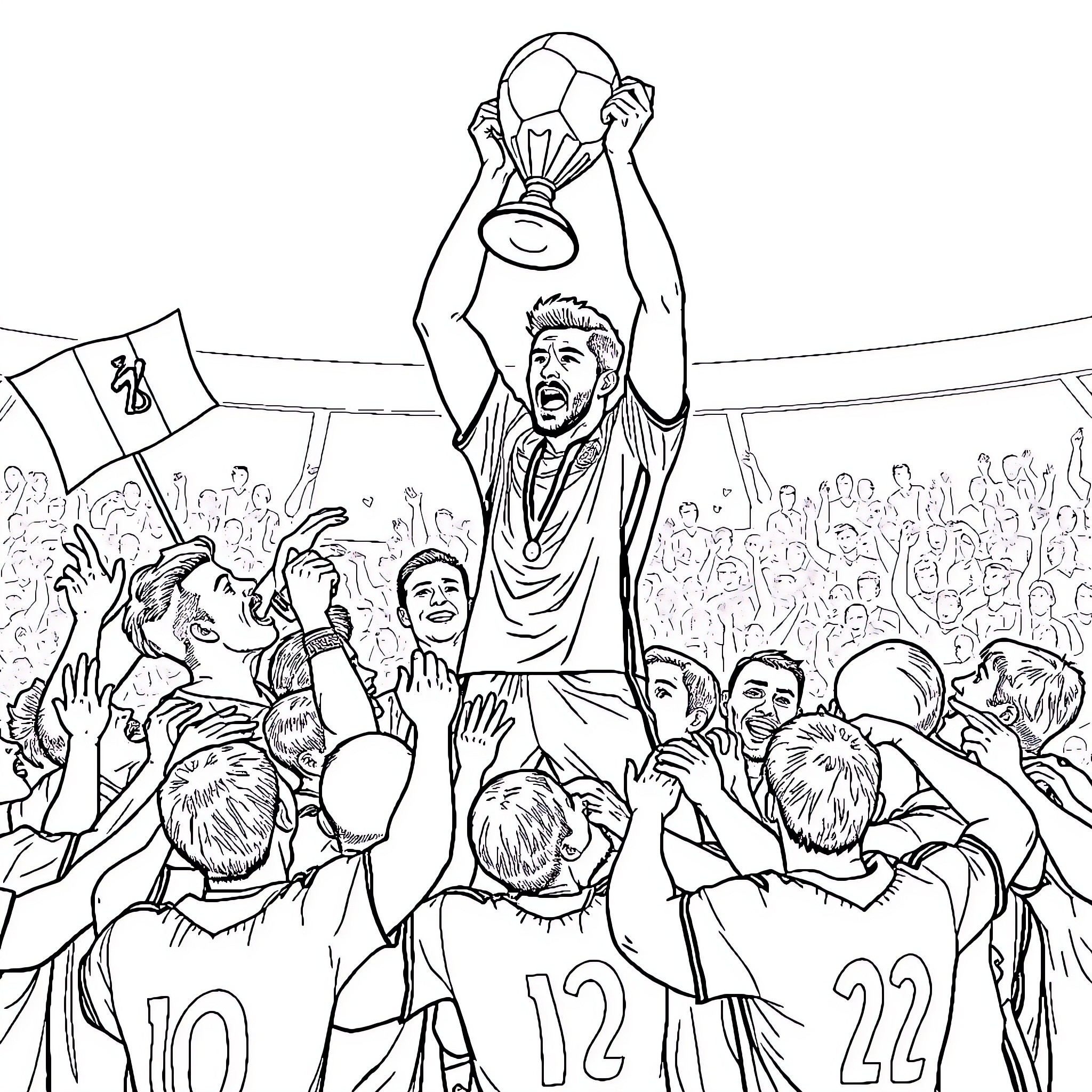 Eden Hazard Celebrates Victory with Teammates on the Pitch Coloring Page (free black-and-white line drawing printable PDF for all, from beginners to advanced learners, including children, teens, adults, and seniors)