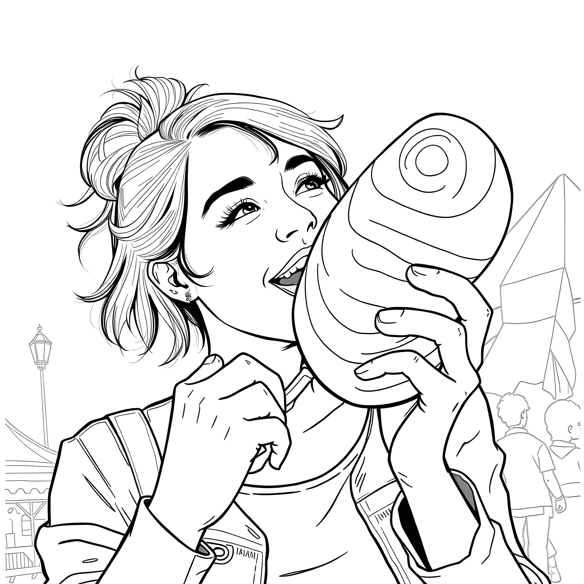 Woman taking a selfie in the city Coloring Page (free black-and-white line drawing printable PDF for all, from beginners to advanced learners, including children, teens, adults, and seniors)