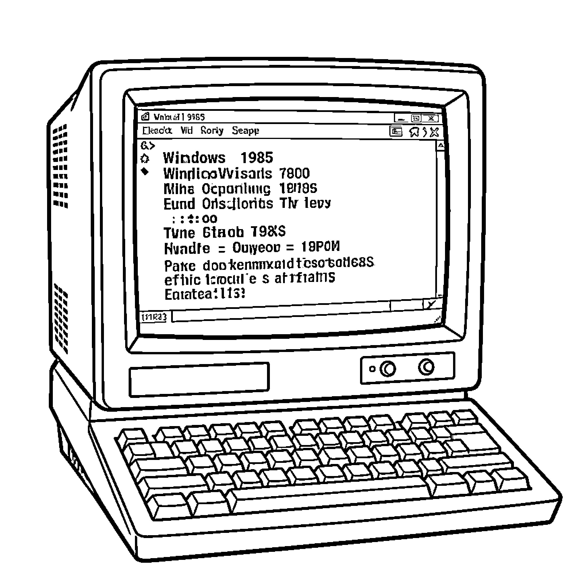 Windows operating system displayed on a vintage computer monitor Coloring Page (free black-and-white line drawing printable PDF for all, from beginners to advanced learners, including children, teens, adults, and seniors)