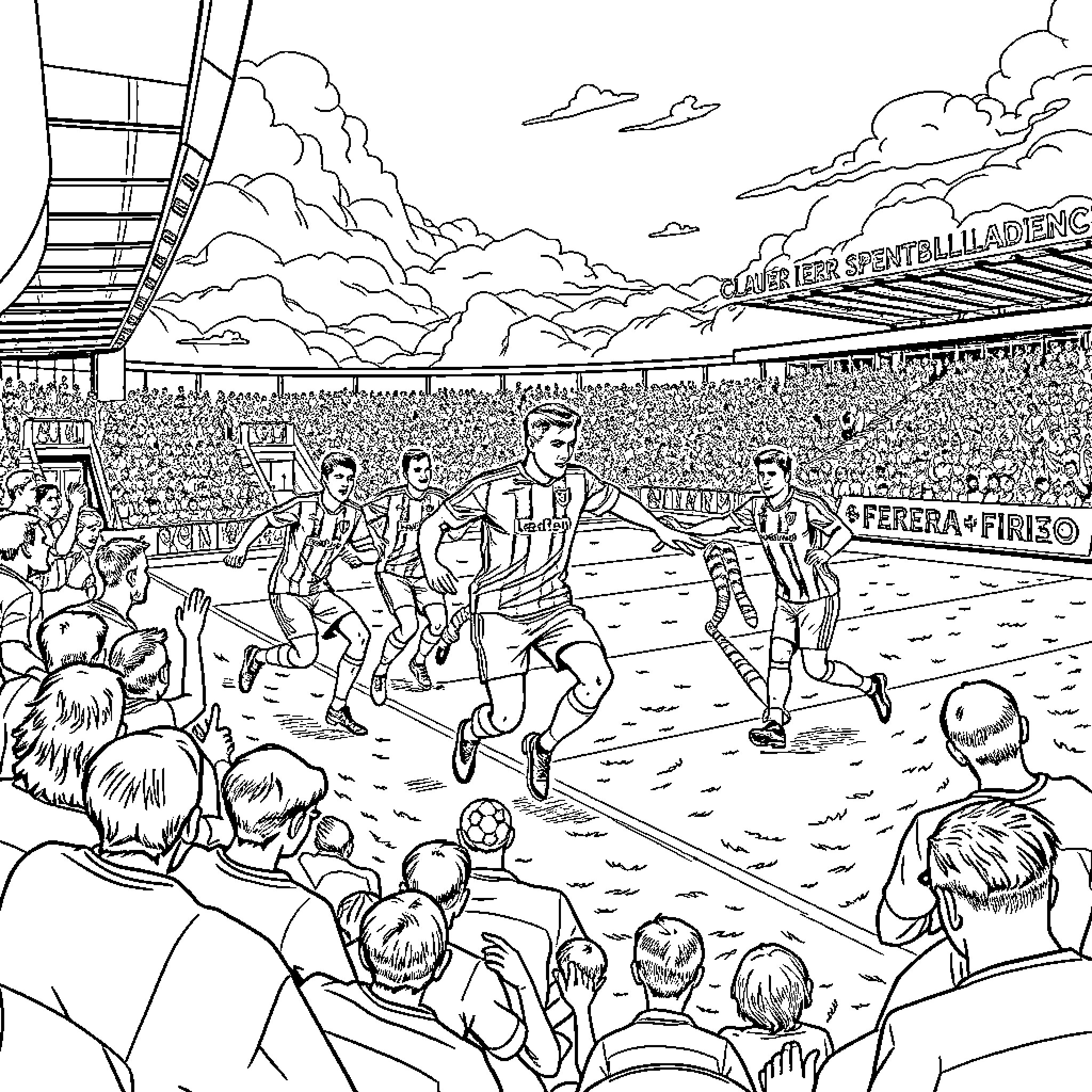 Club Legia: Sporting Event in the Stadium Coloring Page (free black-and-white line drawing printable PDF for all, from beginners to advanced learners, including children, teens, adults, and seniors)