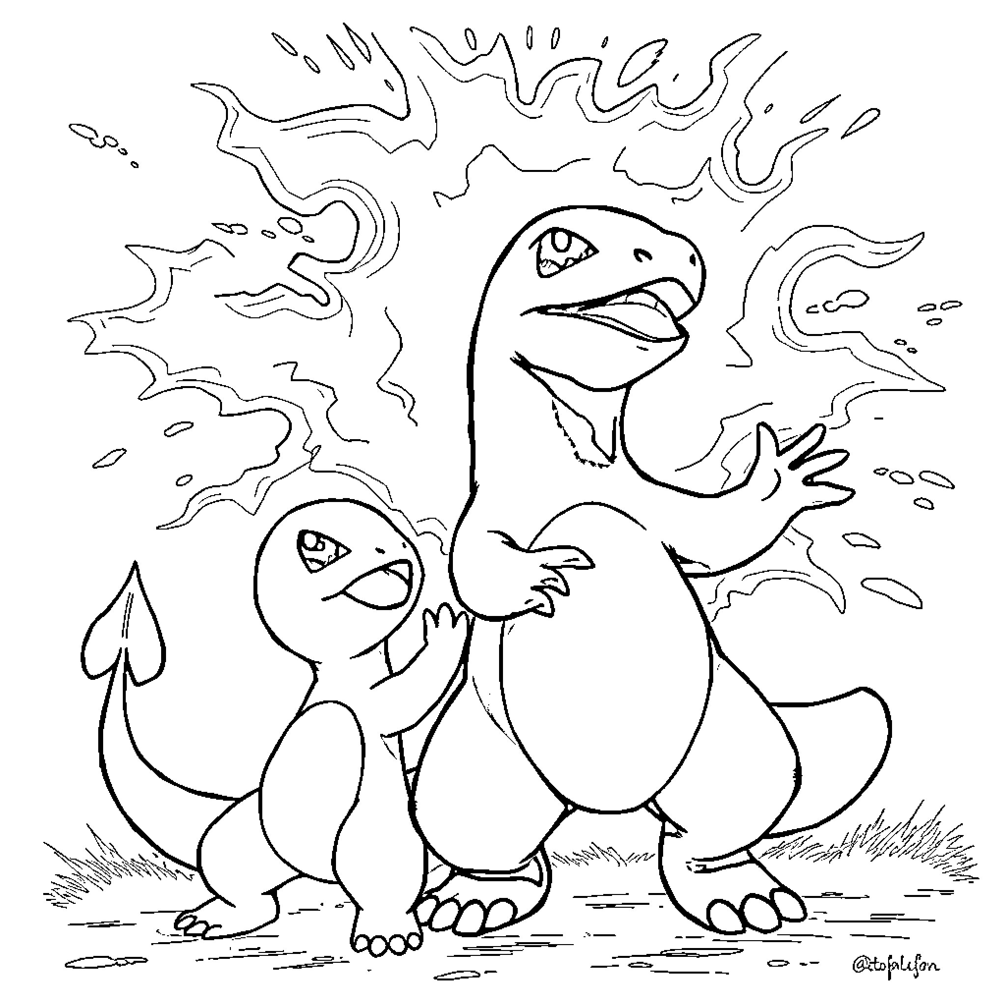 Charmander playing in a fiery field Coloring Page (free black-and-white line drawing printable PDF for all, from beginners to advanced learners, including children, teens, adults, and seniors)