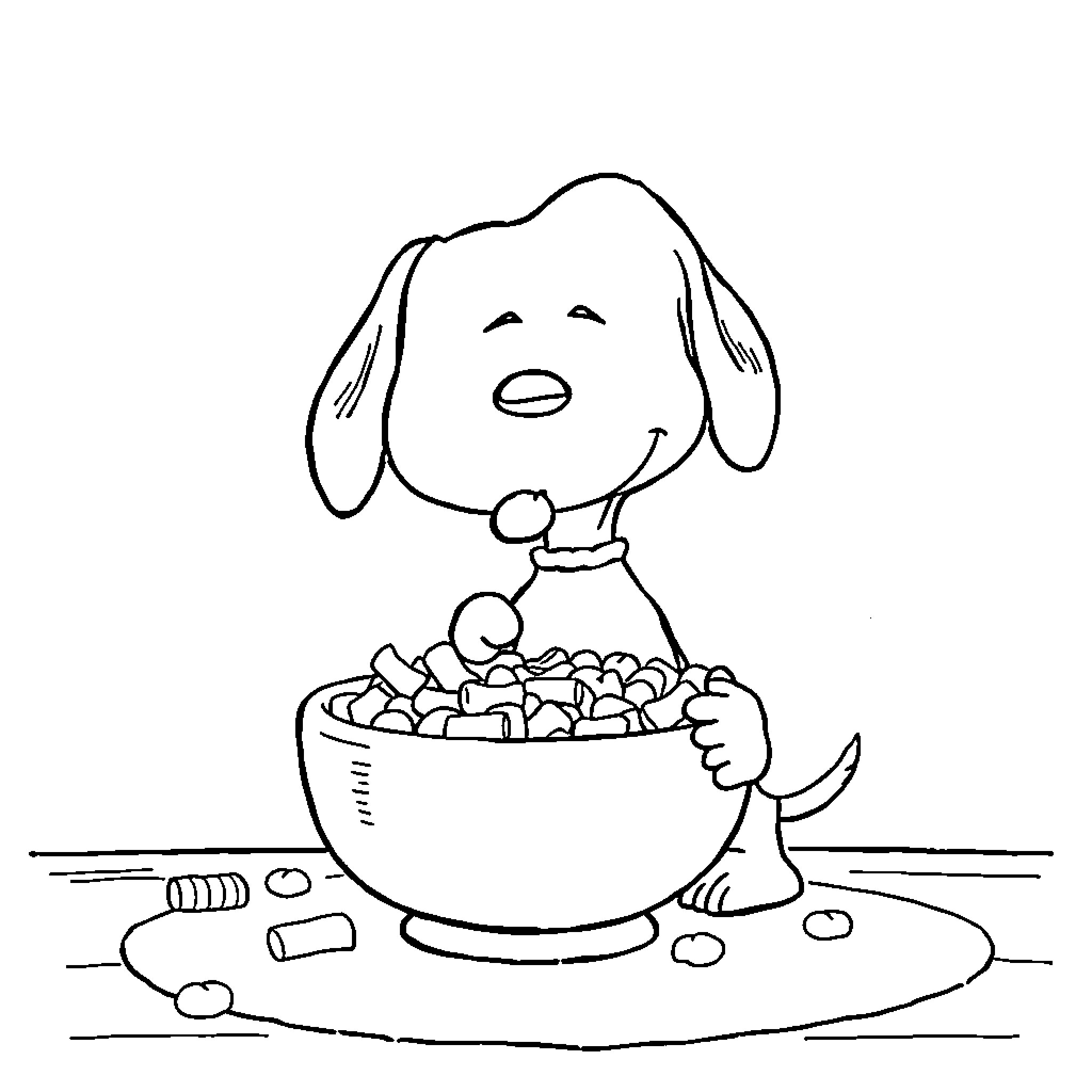 Snoopy enjoying a bowl of treats Coloring Page (free black-and-white line drawing printable PDF for all, from beginners to advanced learners, including children, teens, adults, and seniors)