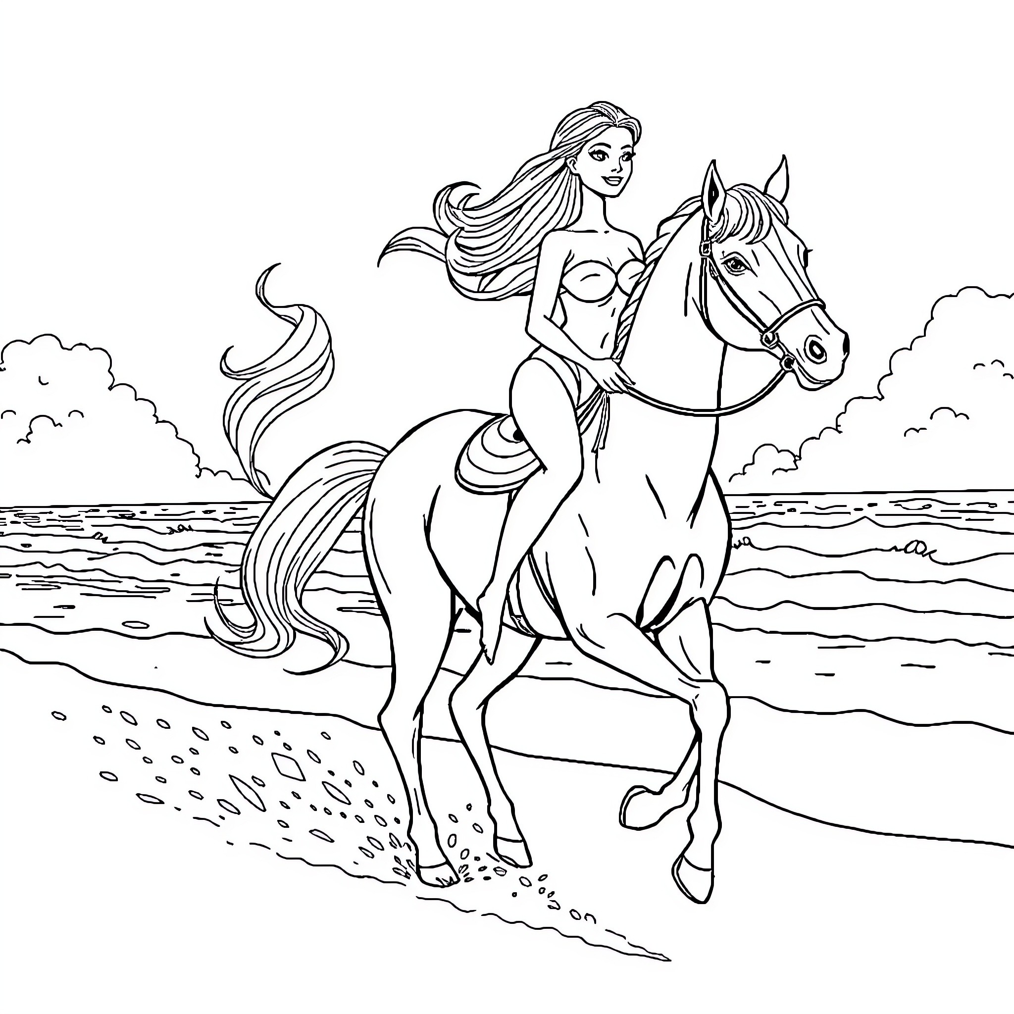 Barbie riding her horse along the beach Coloring Page (free black-and-white line drawing printable PDF for all, from beginners to advanced learners, including children, teens, adults, and seniors)