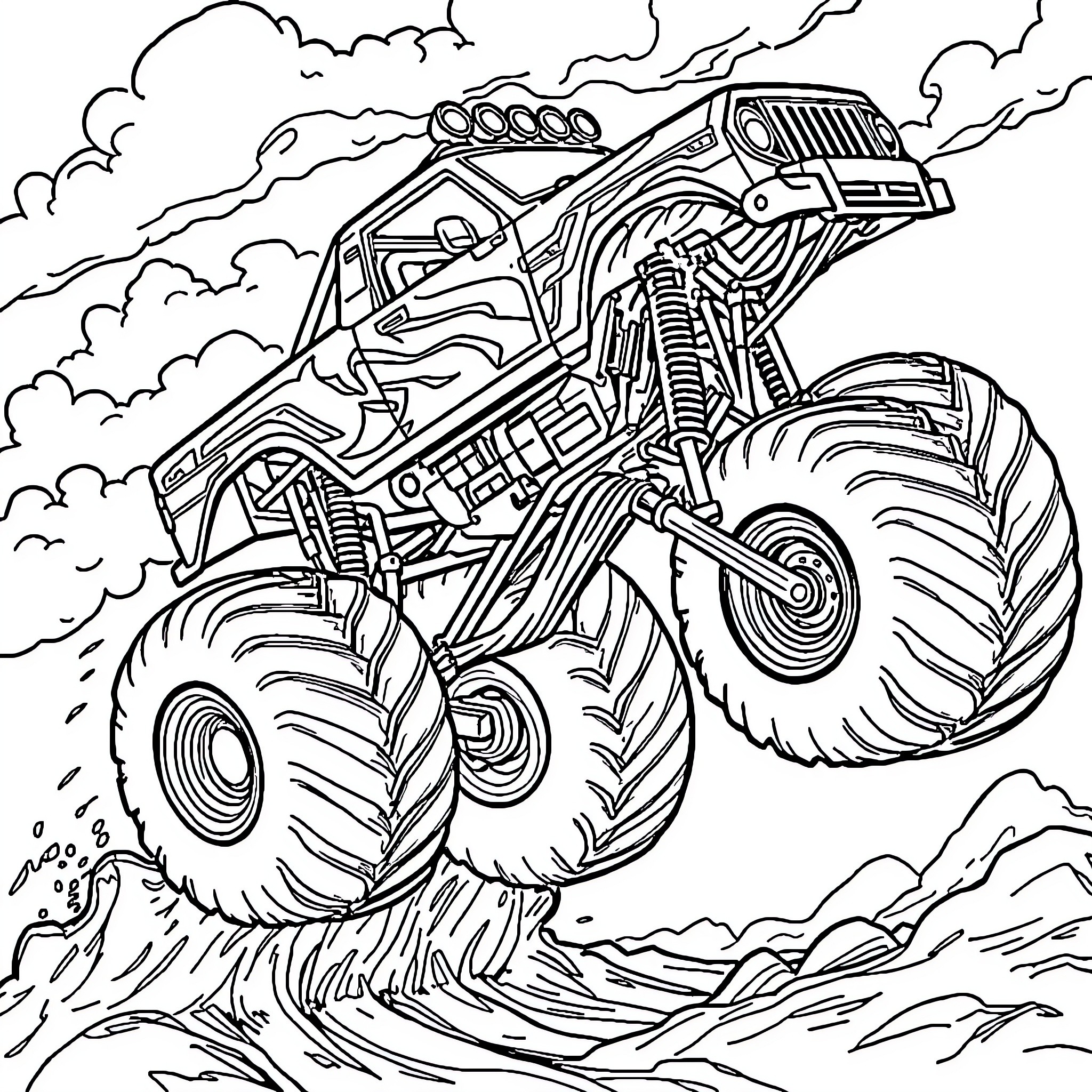 Monster Truck Dashing Through Rough Terrain Coloring Page (free black-and-white line drawing printable PDF for all, from beginners to advanced learners, including children, teens, adults, and seniors)